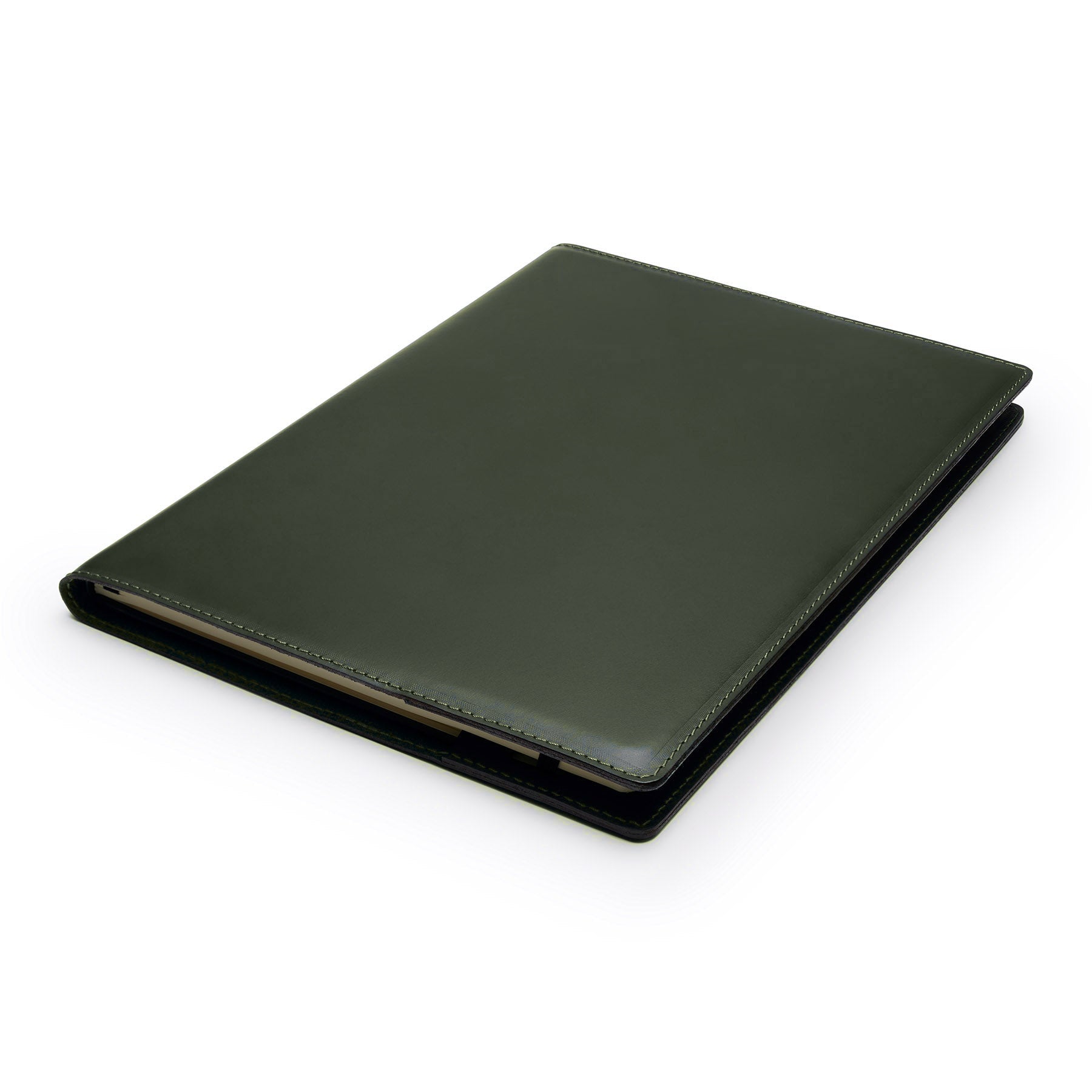 Green full-grain leather A4 notebook, flat lay, angled view — personalised — CarveOn, made in Ireland#Color_Green