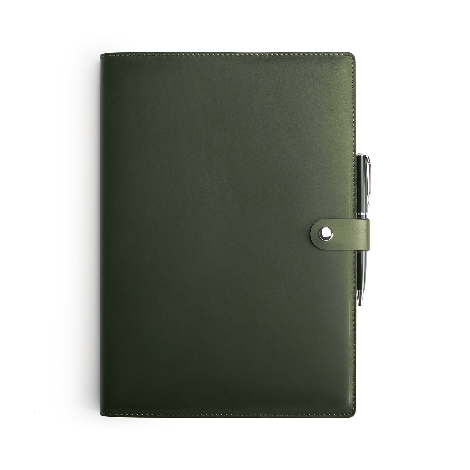 Green full-grain leather A4 notebook and pen set, flat lay — personalised with debossed initials — CarveOn, made in Ireland#Color_Green
