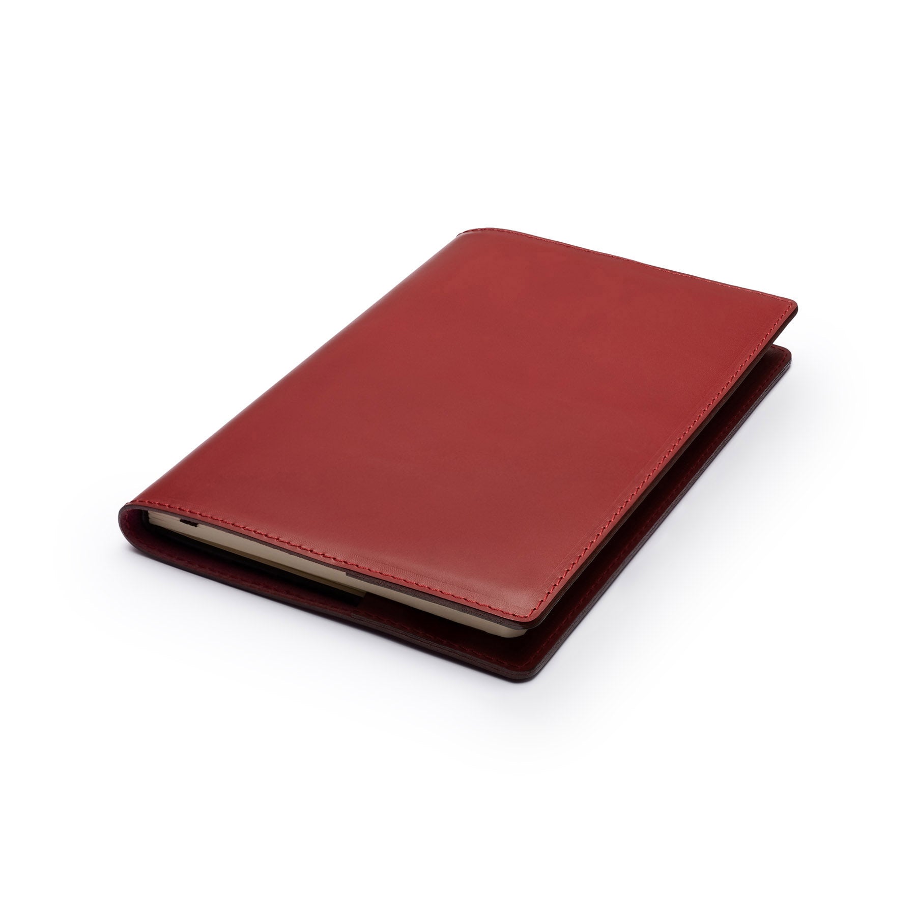 Burgundy full-grain leather A5 notebook, flat lay, angled view — personalised — CarveOn, made in Ireland#Color_Burgundy
