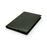 Green full-grain leather A5 notebook, flat lay, angled view — personalised — CarveOn, made in Ireland