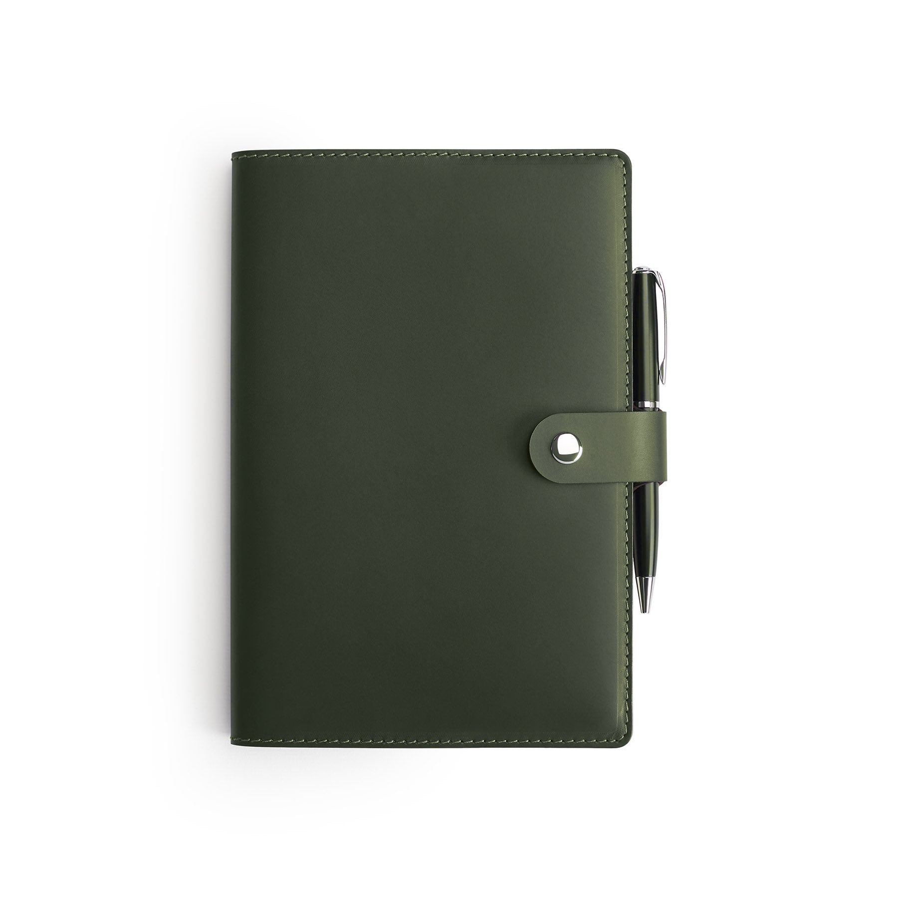 Green full-grain leather A5 notebook and pen set, flat lay — personalised with debossed initials — CarveOn, made in Ireland#Color_Green