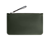Green full-grain leather zip pouch, flat lay — personalised — CarveOn, made in Ireland