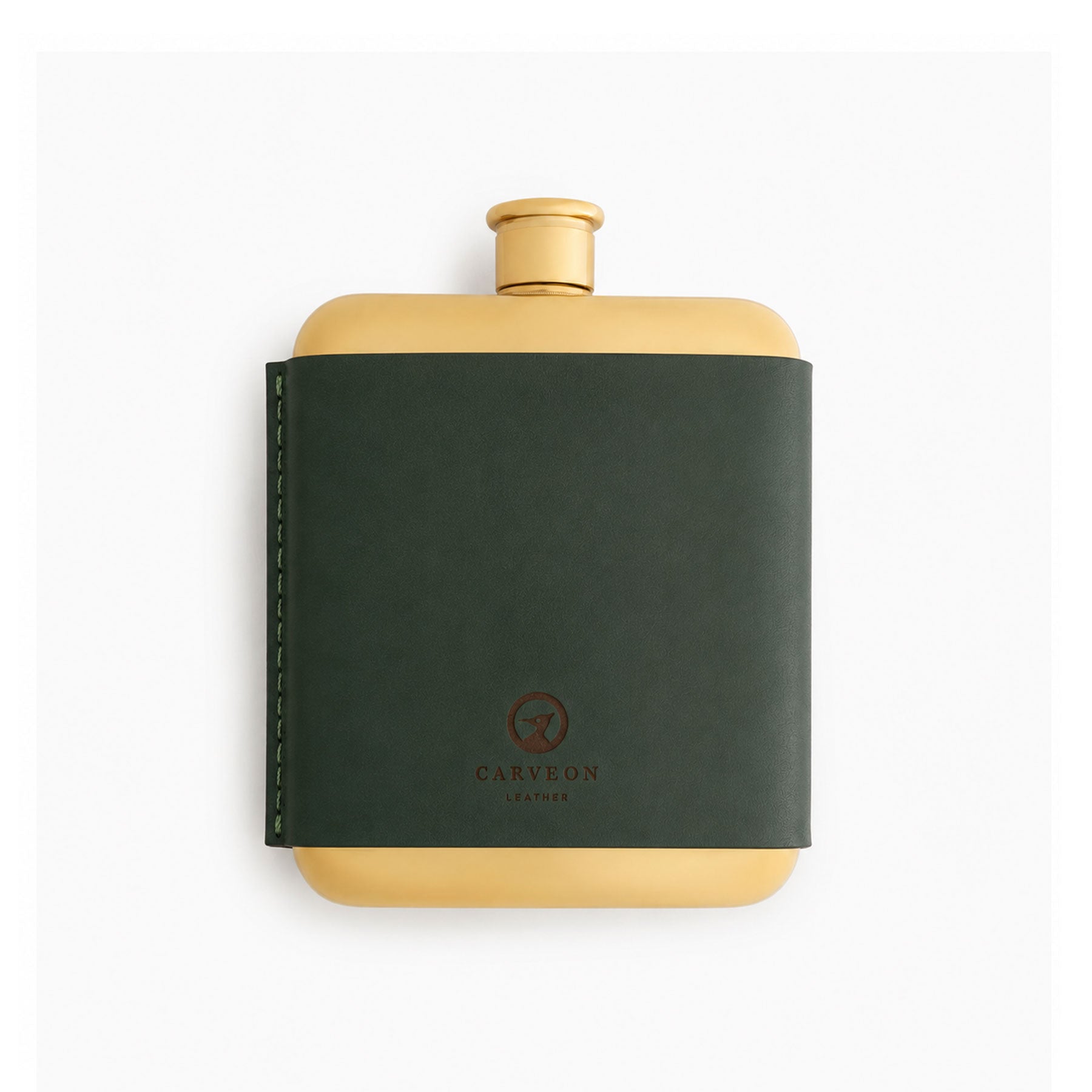 Green full-grain leather hip flask, flat lay — personalised — CarveOn, made in Ireland#Color_Green