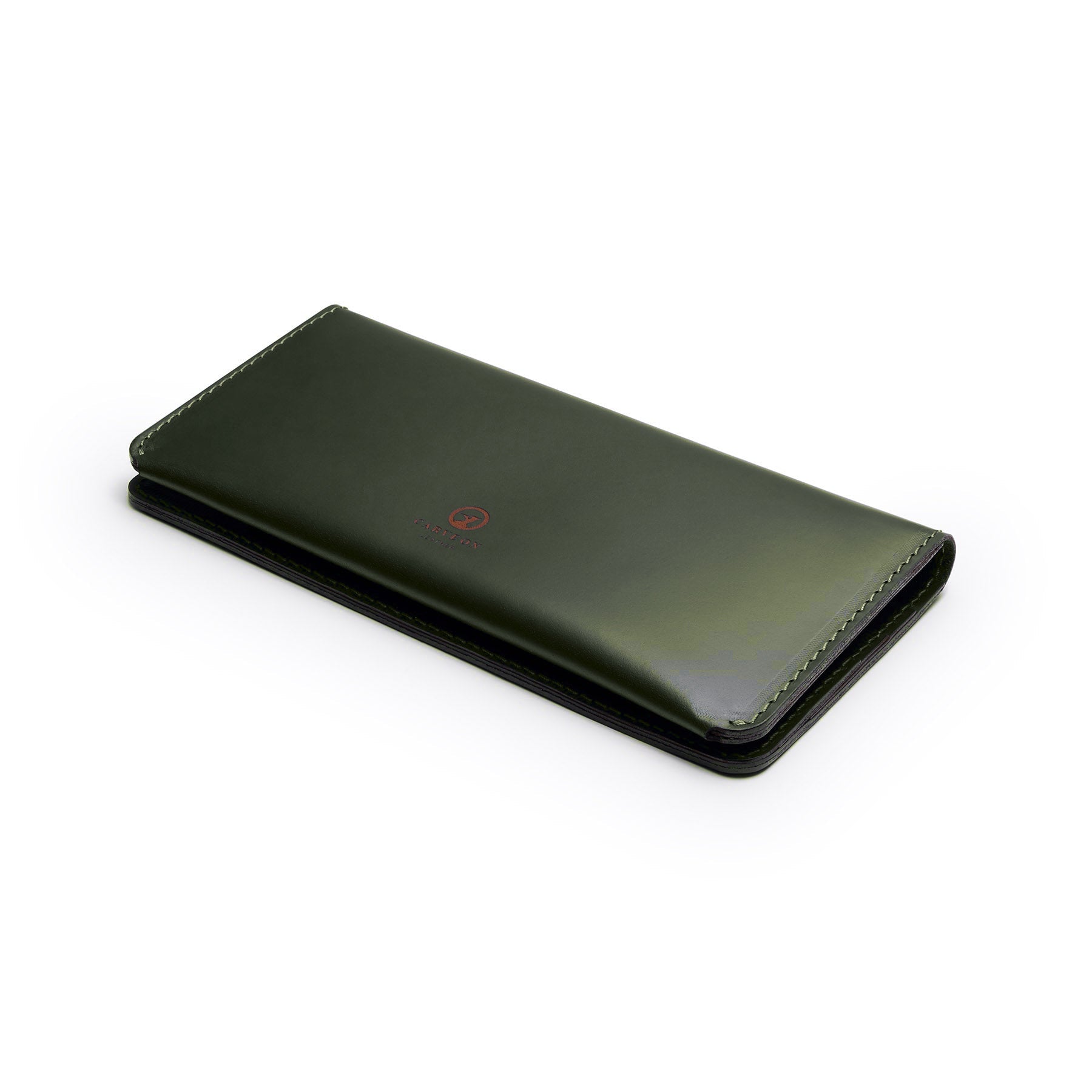 Green full-grain leather long wallet, flat lay, angled view — personalised — CarveOn, made in Ireland#Color_Green