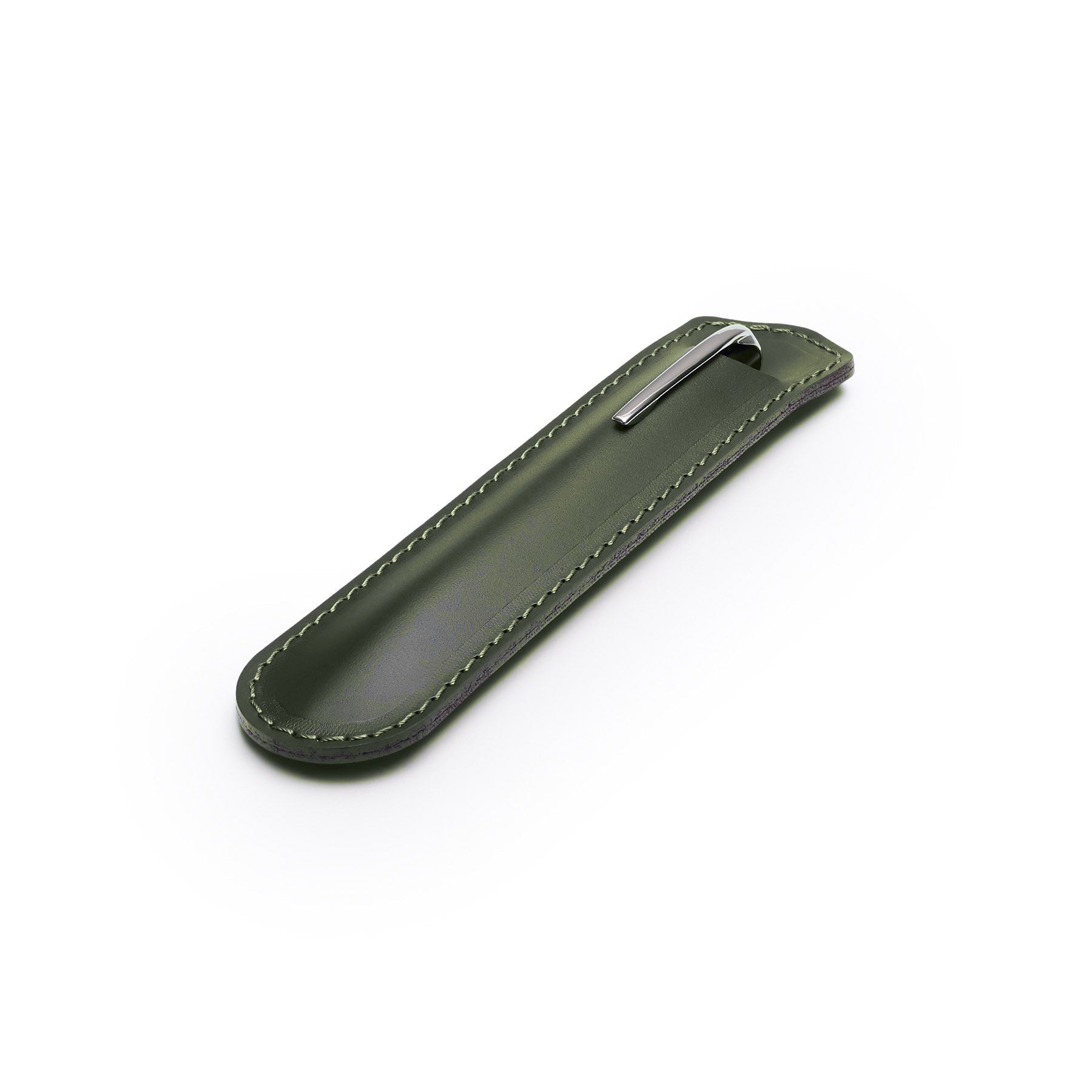Green leather pen sleeve, flat lay, angled view — personalised gift — CarveOn, made in Ireland#Color_Green