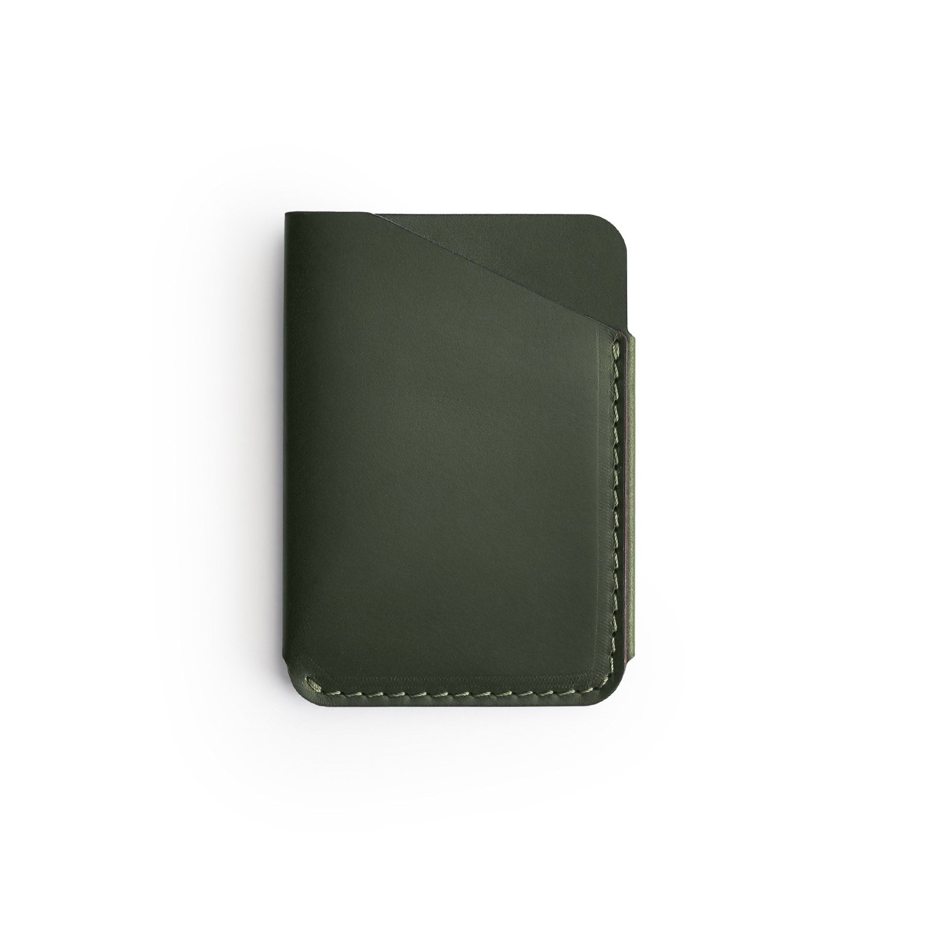 Green full-grain leather quick-draw wallet, flat lay — personalised — CarveOn, made in Ireland#Color_Green