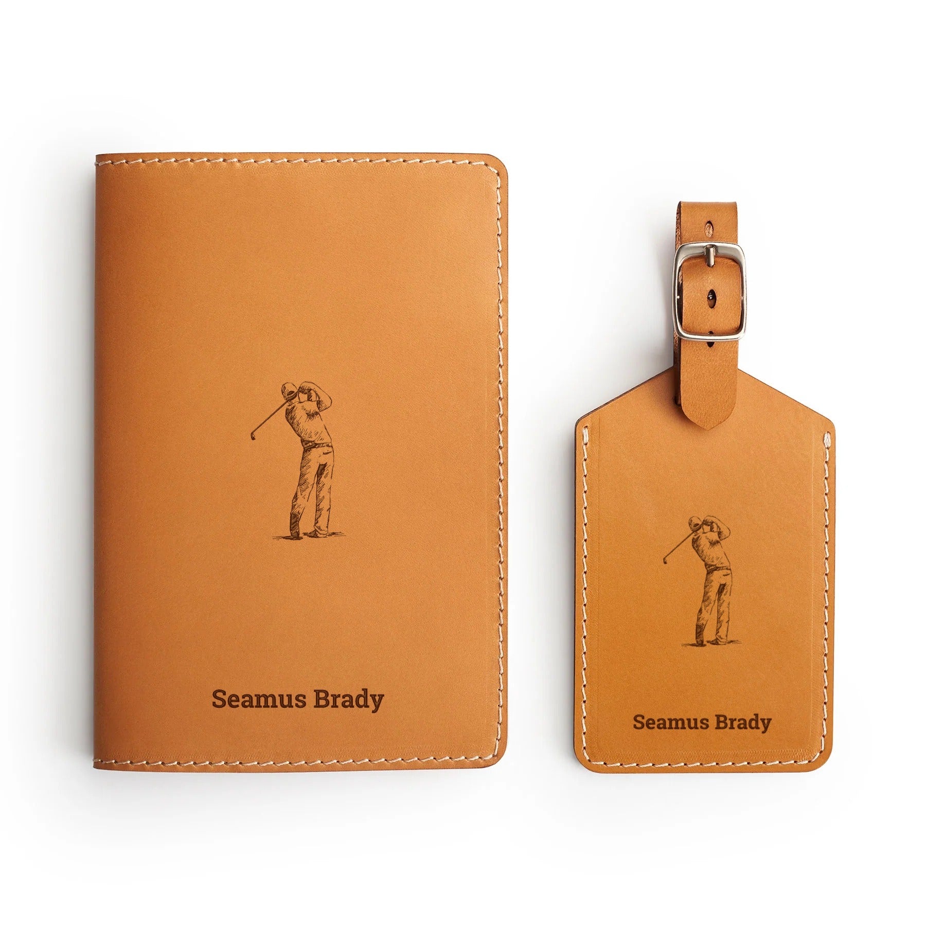 Tan leather golf gift set, flat lay, engraved with a golfer and a name — scorecard holder and bag tag — CarveOn, handmade in Ireland#Color_Hidden