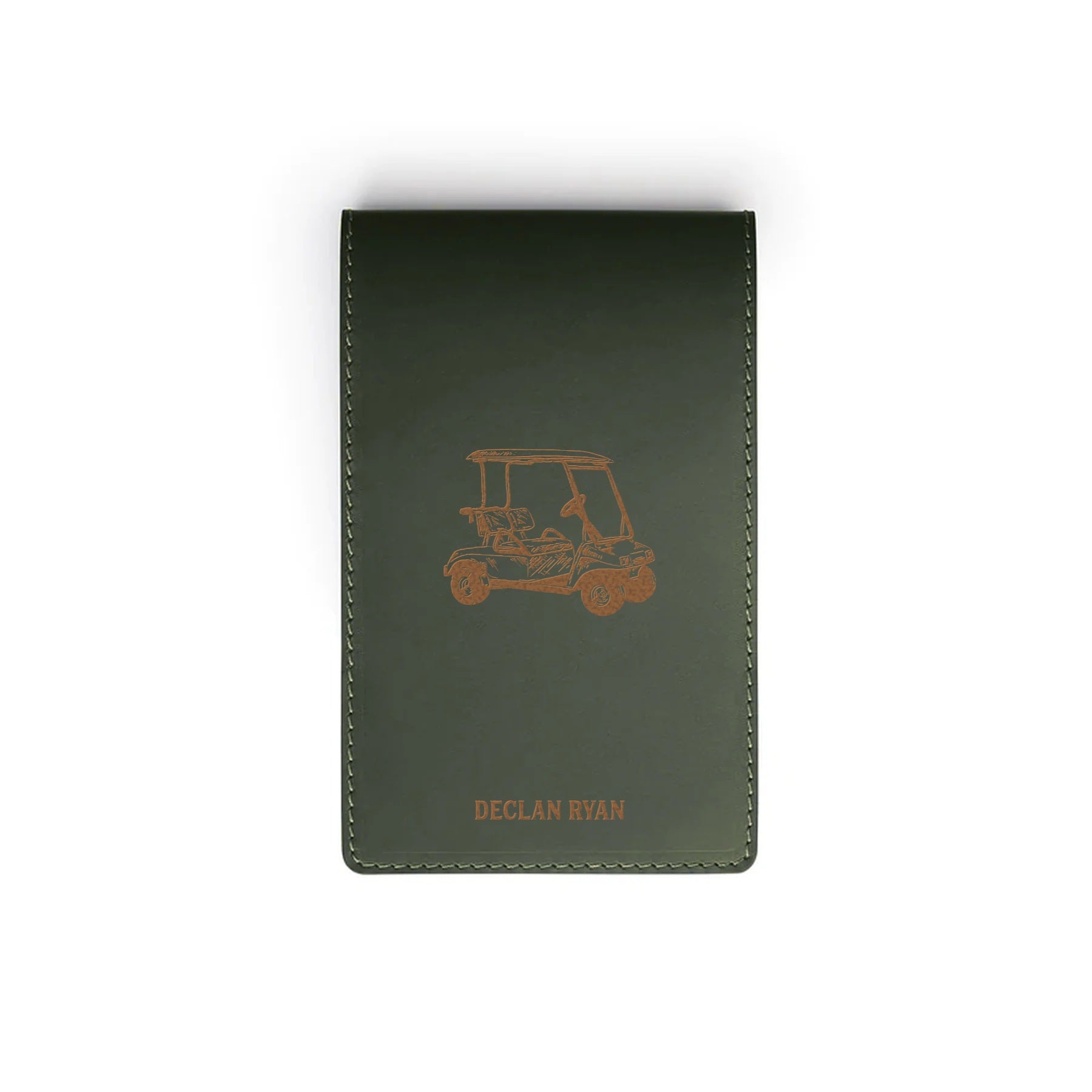 Green leather yardage book cover, flat lay, engraved with a golf buggy and a name — personalised golf gift — CarveOn, handmade in Ireland#Color_Green