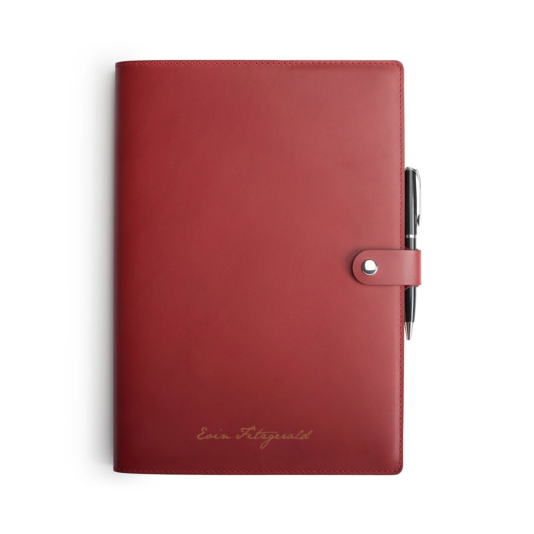 Burgundy full-grain leather A4 notebook and pen set, flat lay, engraved with a name — personalised — CarveOn, made in Ireland#Color_Burgundy