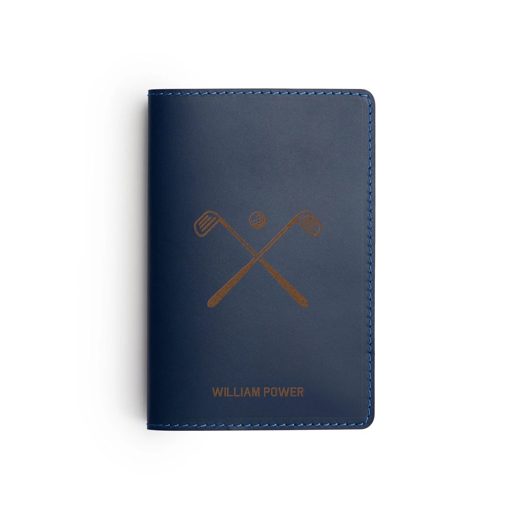 Navy leather golf scorecard holder, flat lay, engraved with crossed golf clubs and a name — personalised golf gift — CarveOn, handmade in Ireland#Color_Navy