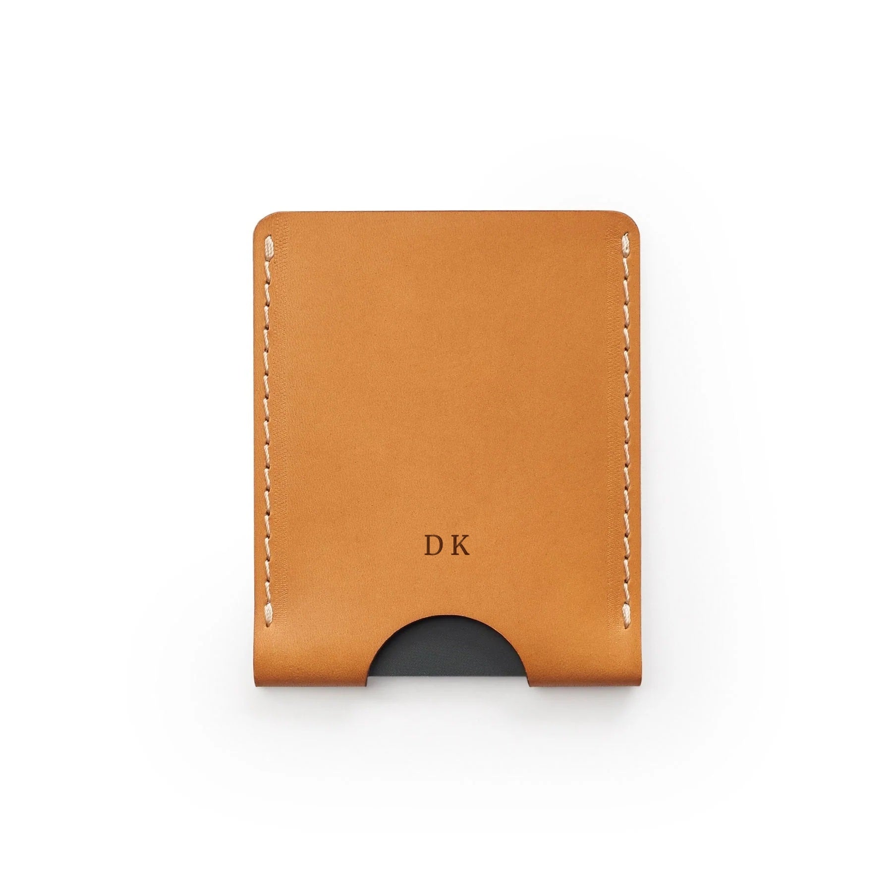 Tan full-grain leather card holder, flat lay, engraved with initials — personalised — CarveOn, made in Ireland#Color_Tan