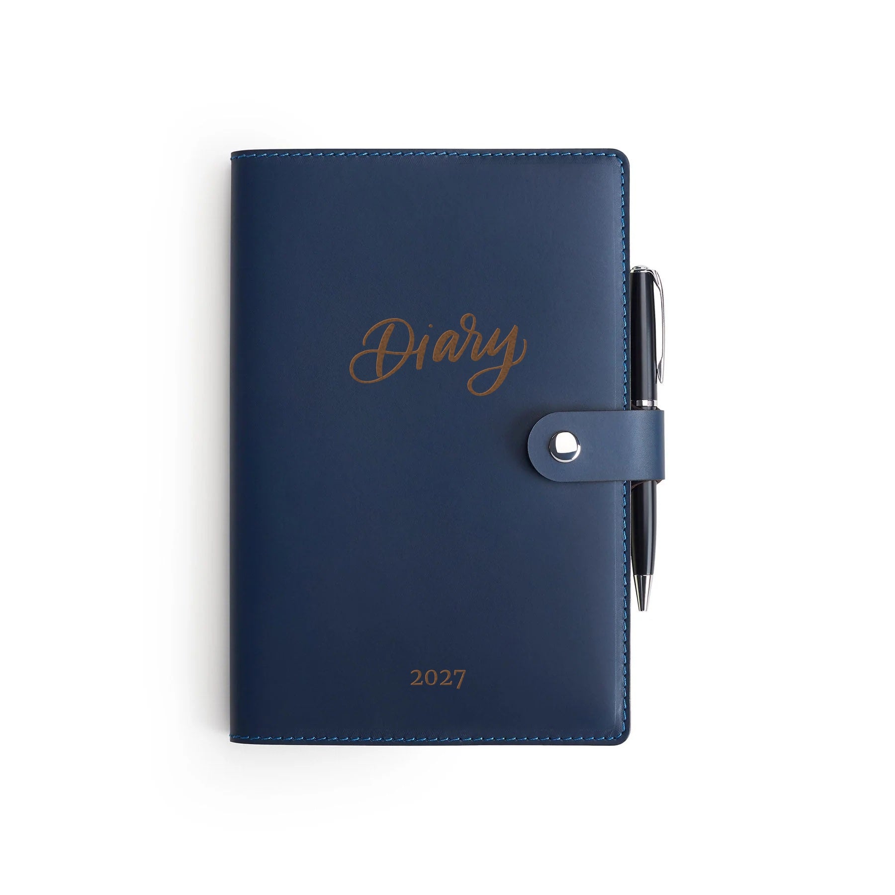 Navy Moleskine diary with leather cover and pen, flat lay, engraved with a diary graphic and the year — personalised gift — CarveOn, made in Ireland#Color_Navy