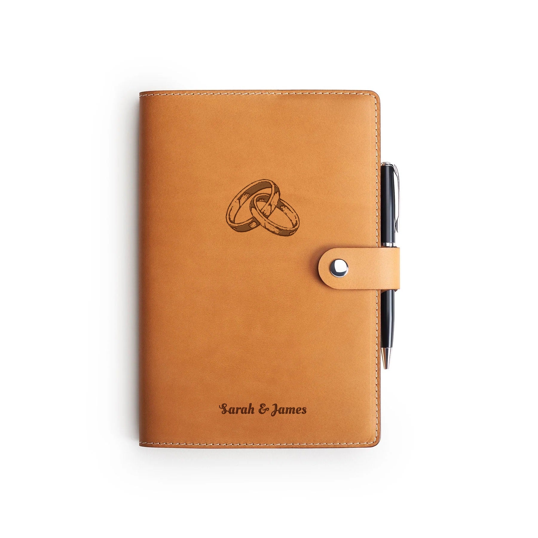 Tan Moleskine wedding journal with leather cover and pen, flat lay, engraved with wedding rings and a couple's names — personalised gift — CarveOn, made in Ireland#Color_Tan