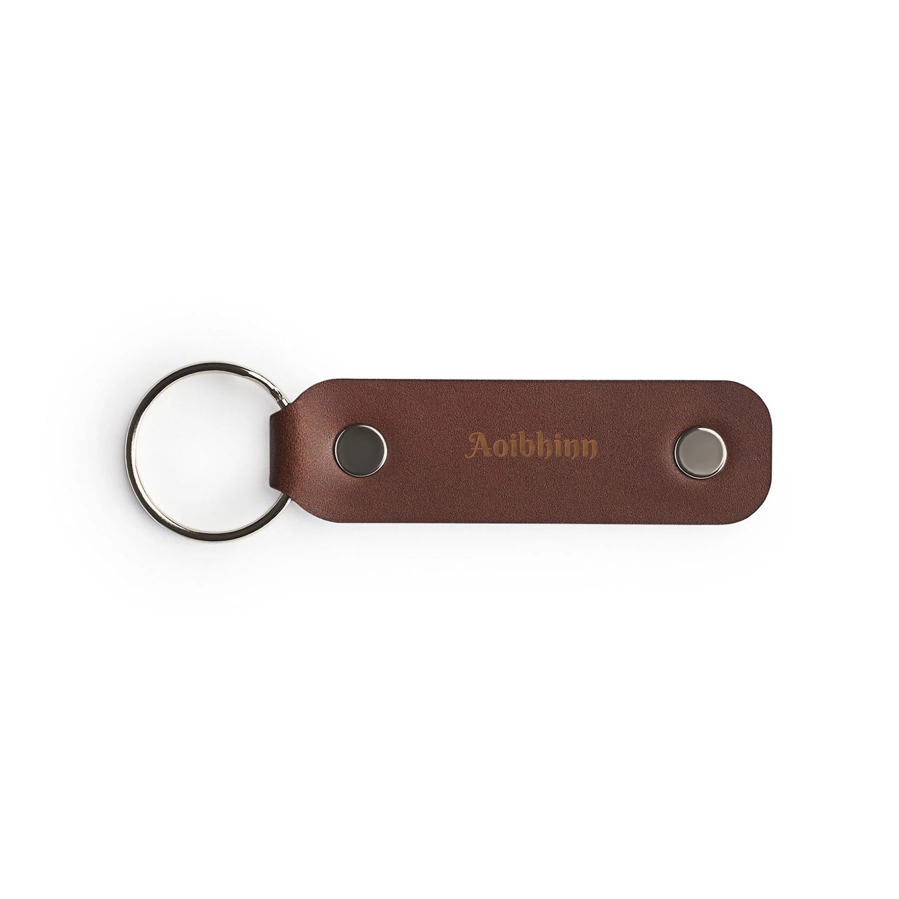 Dark Brown full-grain leather double rivet keyring, flat lay, engraved with a name — personalised gift — CarveOn, made in Ireland#Color_Dark Brown