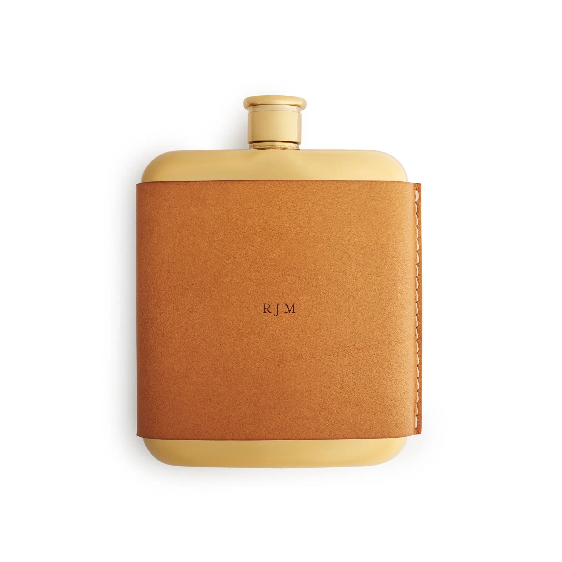 Tan leather-bound gold-plated hip flask, flat lay, engraved with initials — personalised gift — CarveOn, made in Ireland#Color_Tan