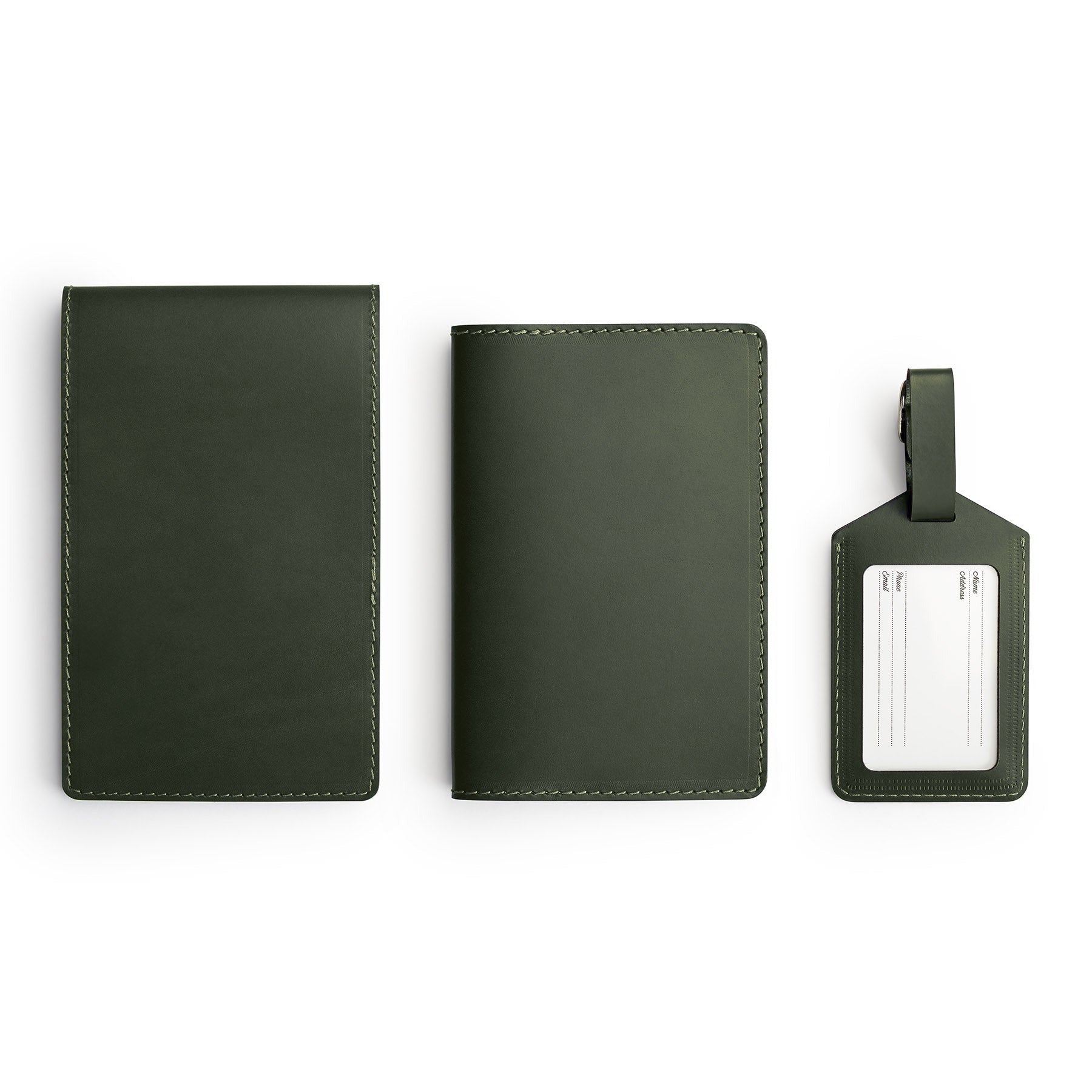 Green leather golf gift set, flat lay — personalised — CarveOn, handmade in Ireland#Color_Green