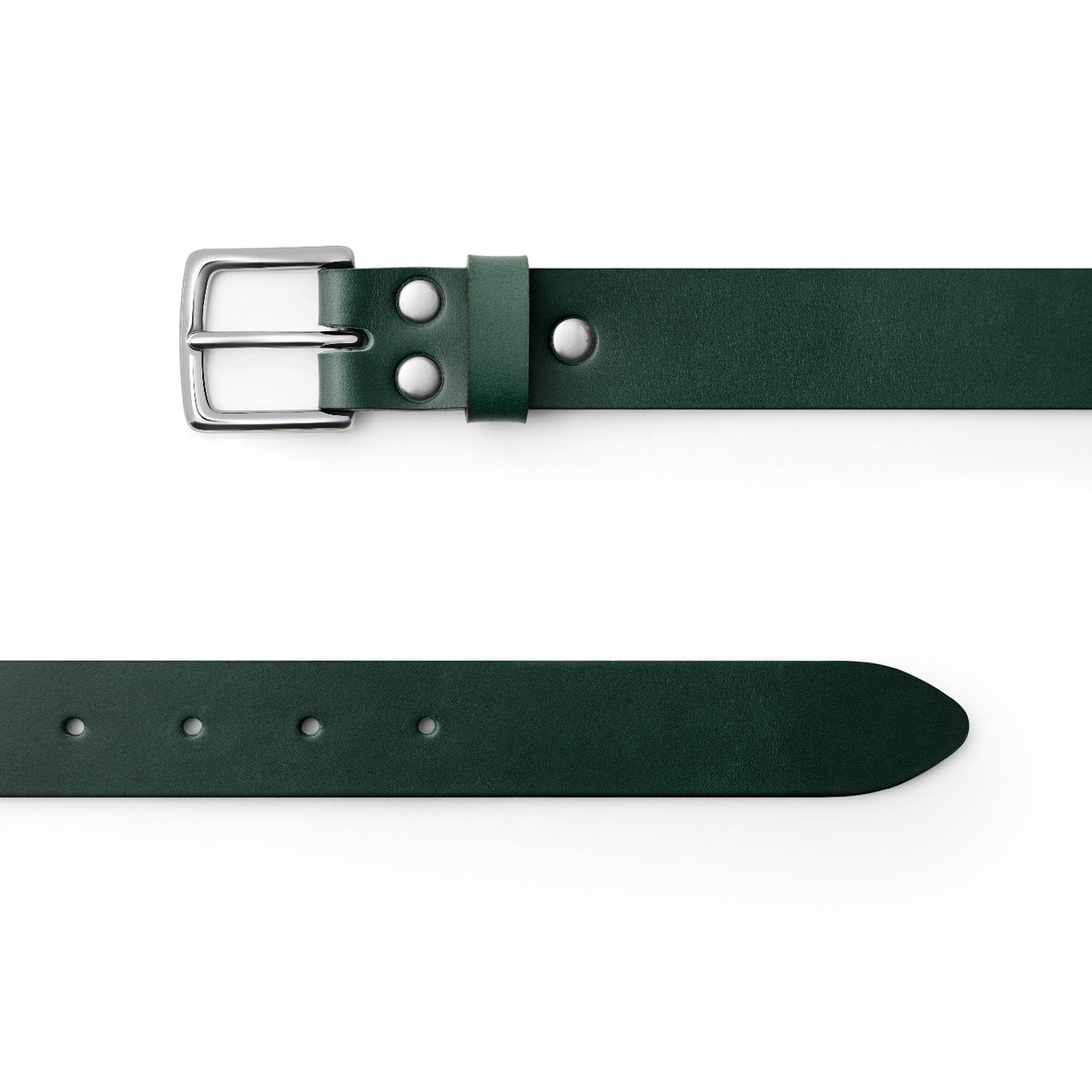 Green full-grain leather belt, silver buckle, top-down view — CarveOn, made in Ireland#Color_Green