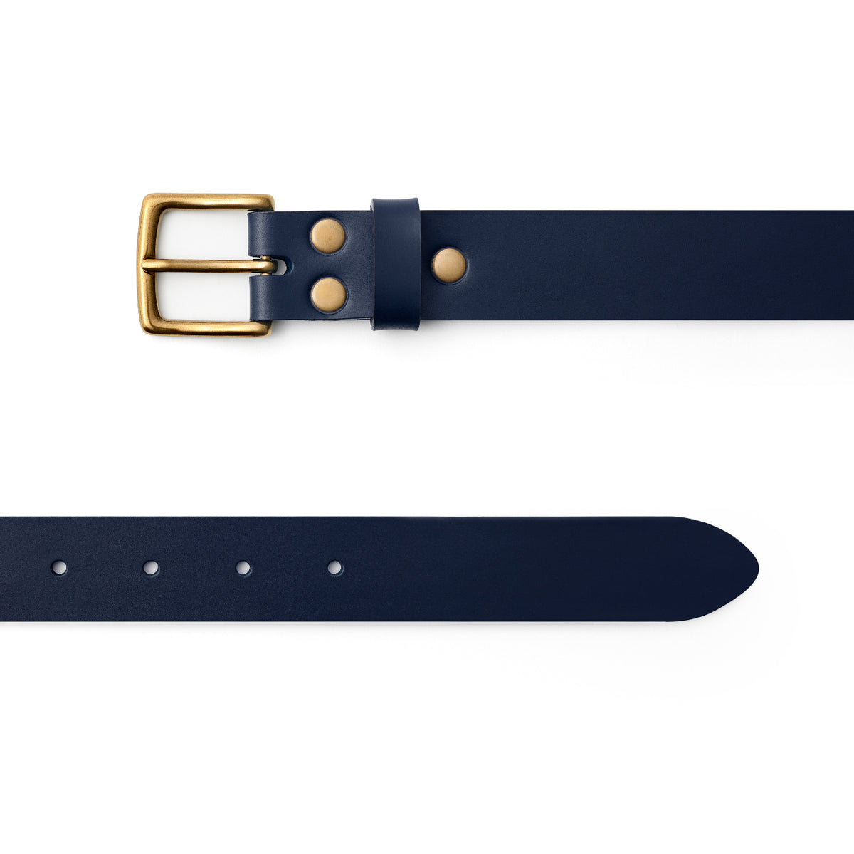 Navy full-grain leather belt, brass buckle, top-down view — CarveOn, made in Ireland#Color_Navy