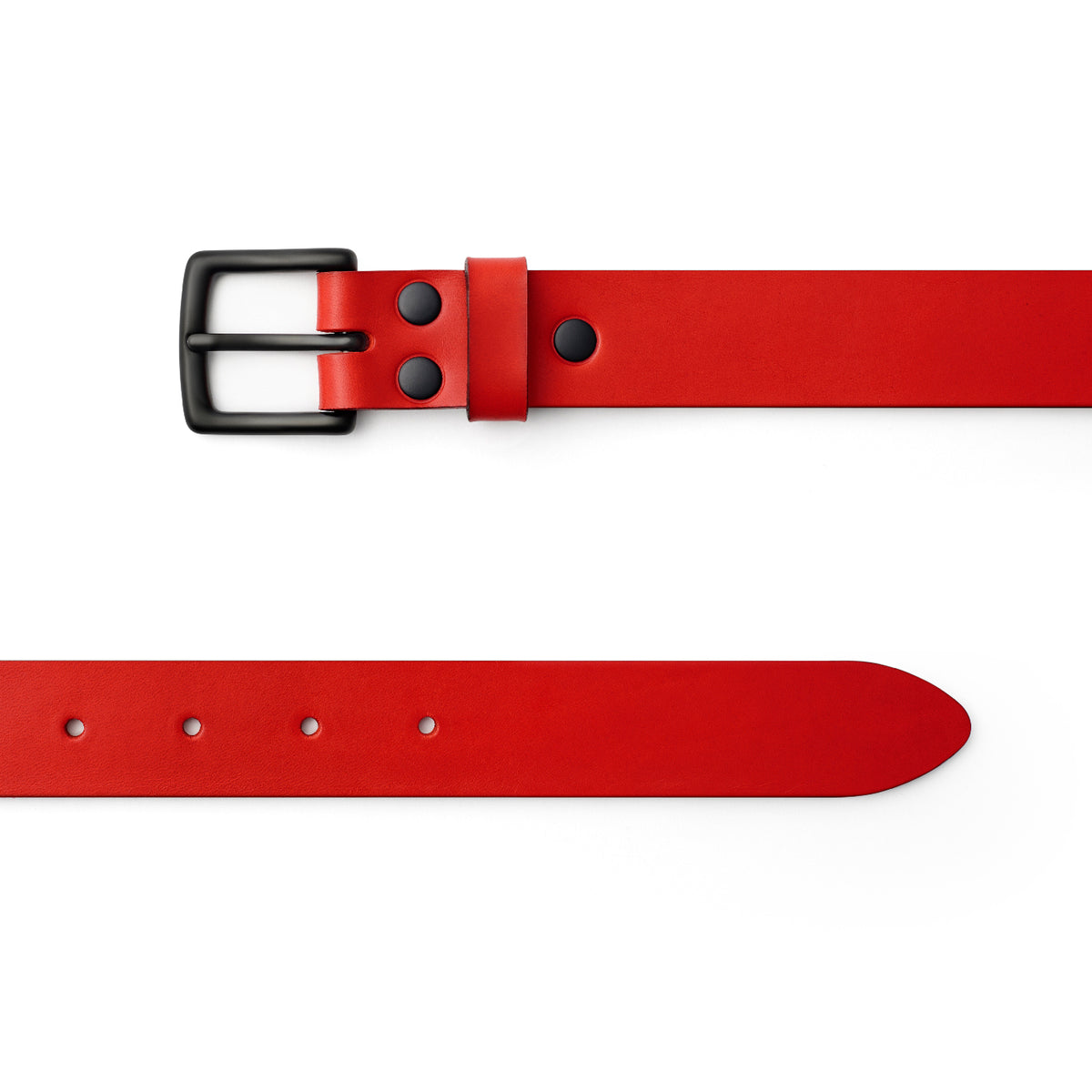 Red full-grain leather belt, black buckle, top-down view — CarveOn, made in Ireland#Color_Red