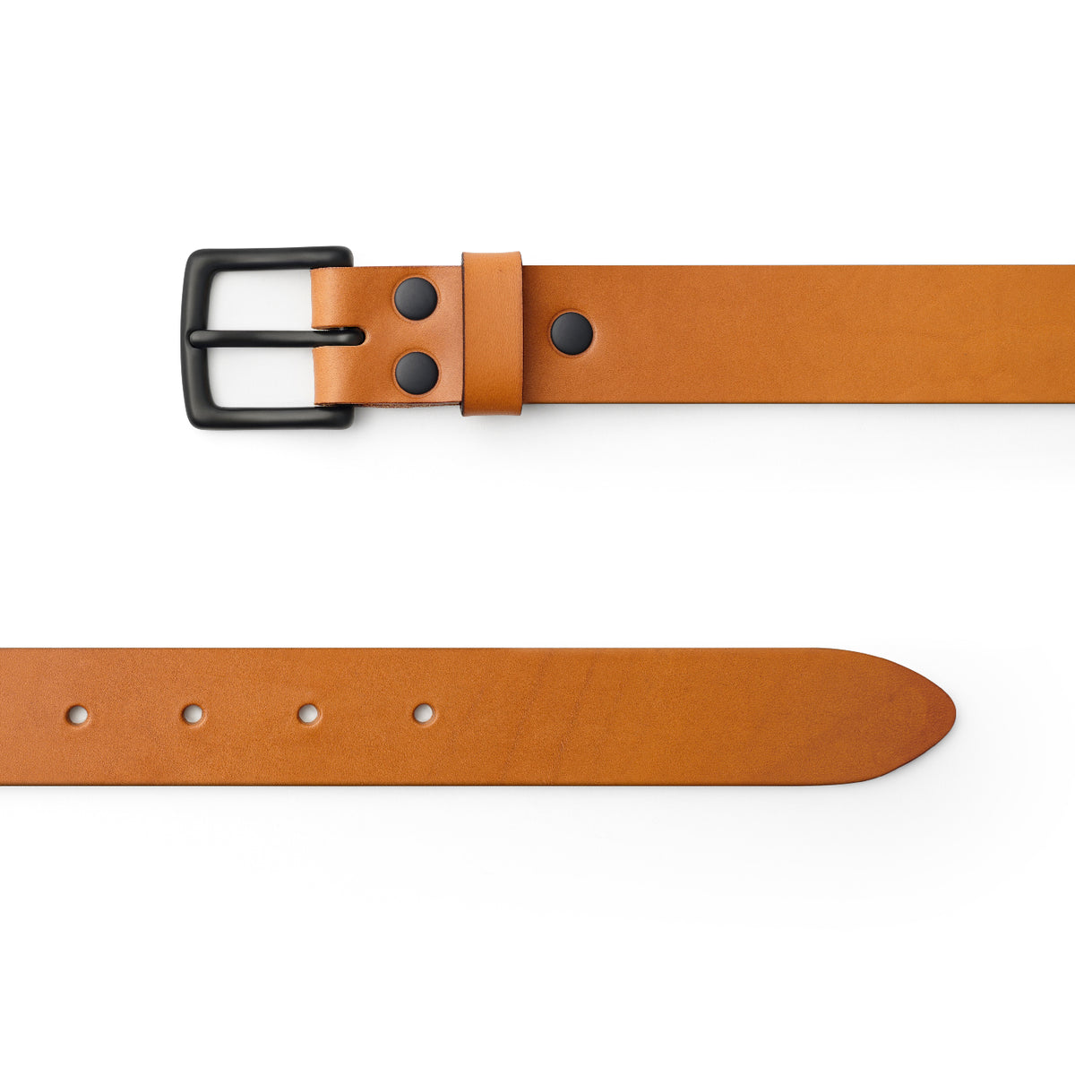 Tan full-grain leather belt, black buckle, top-down view — CarveOn, made in Ireland#Color_Tan