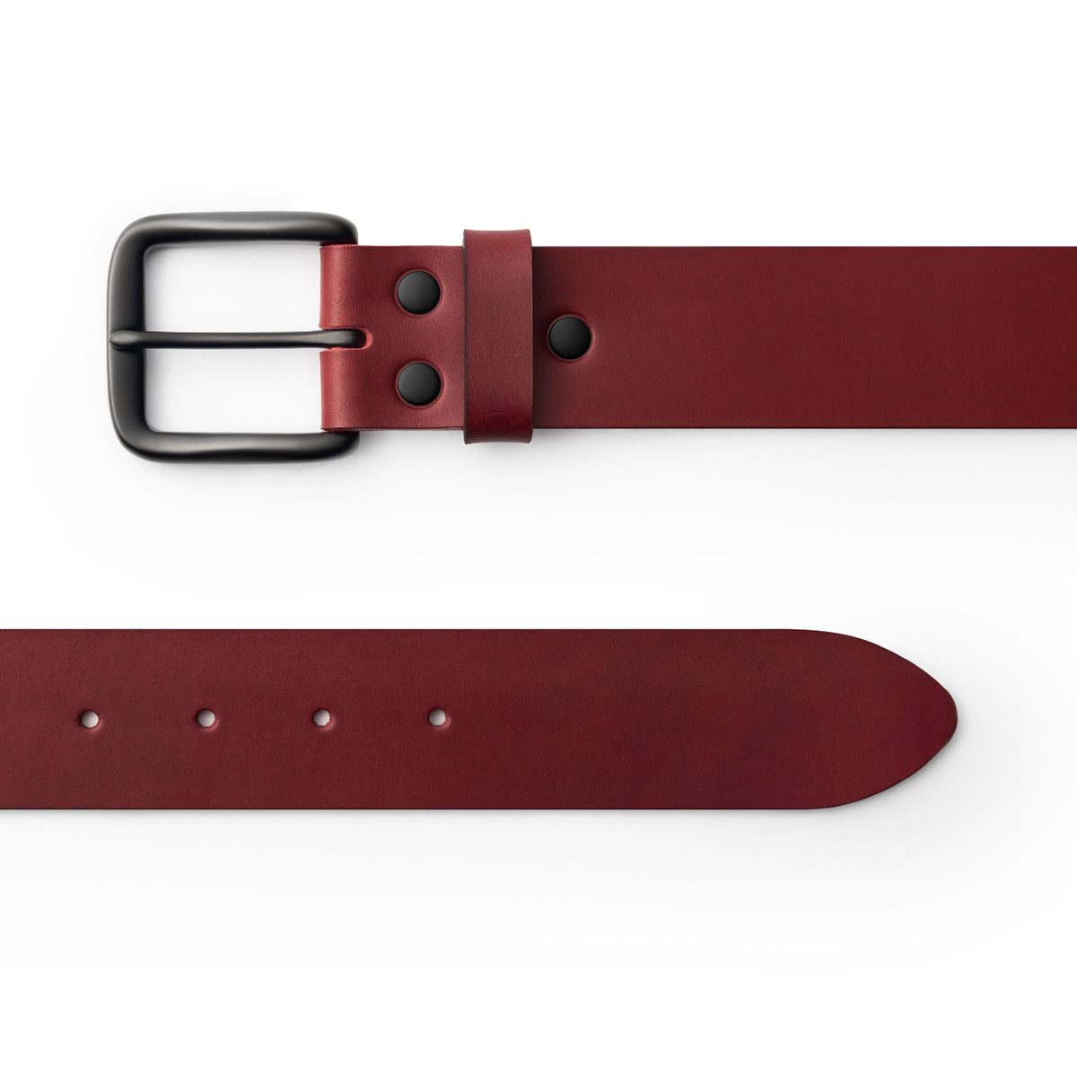 Burgundy full-grain leather belt, black buckle, top-down view — CarveOn, made in Ireland#Color_Burgundy