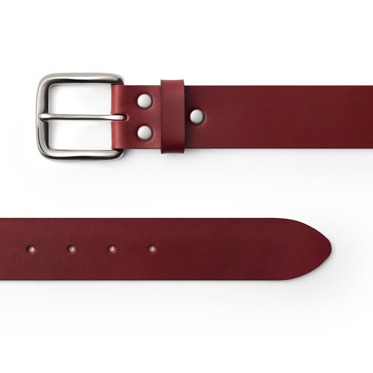 Burgundy full-grain leather belt, silver buckle, top-down view — CarveOn, made in Ireland#Color_Burgundy