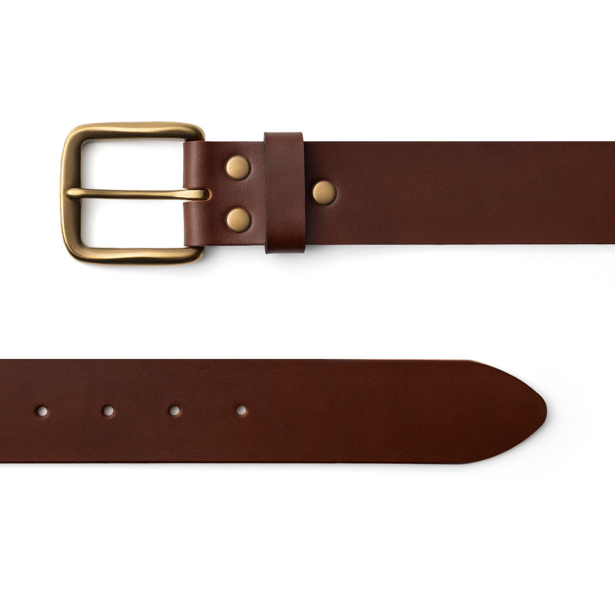 Dark Brown full-grain leather belt, brass buckle, top-down view — CarveOn, made in Ireland#Color_Dark Brown