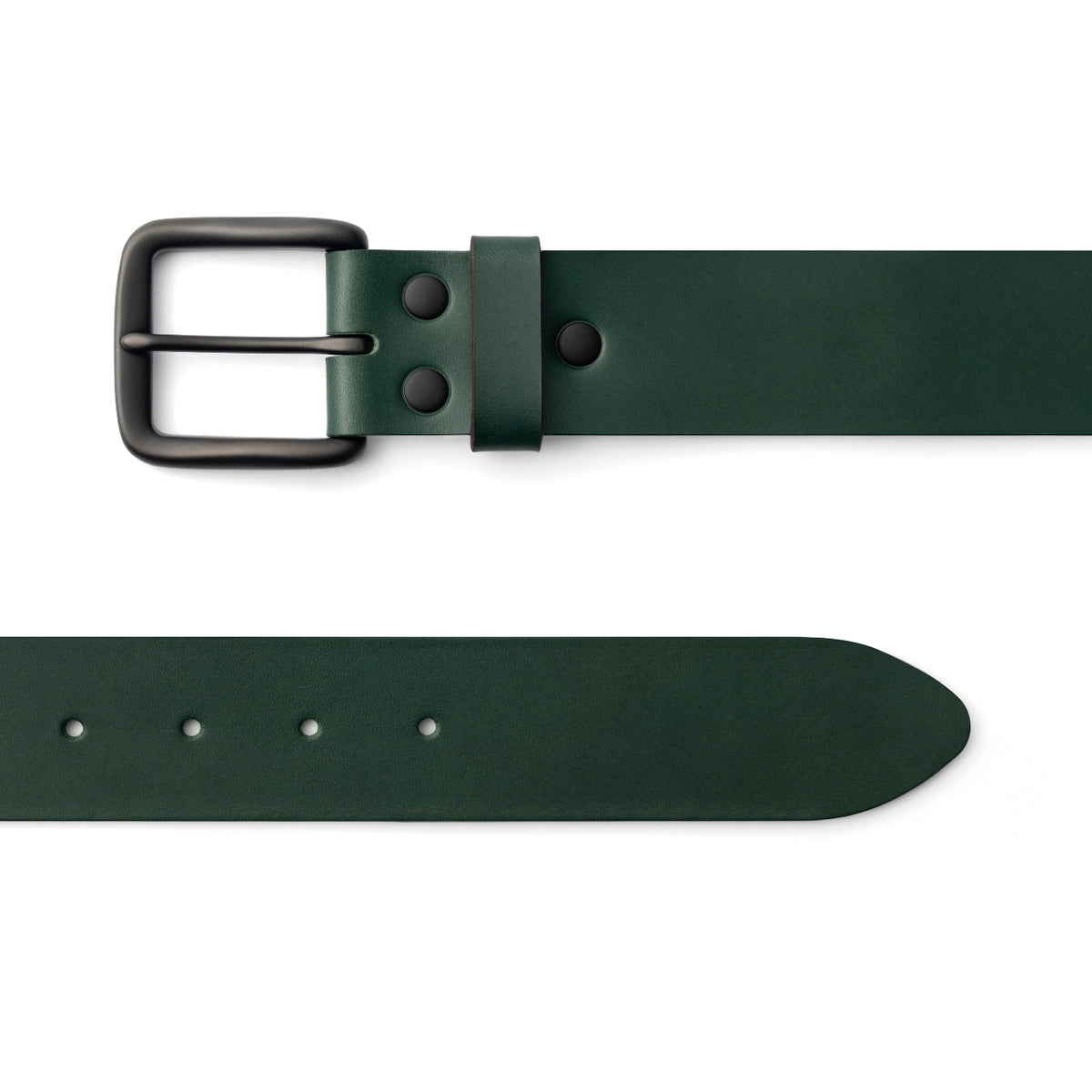 Green full-grain leather belt, black buckle, top-down view — CarveOn, made in Ireland#Color_Green