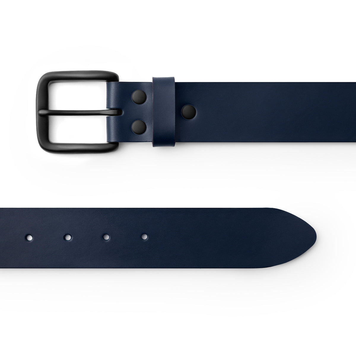 Navy full-grain leather belt, black buckle, top-down view — CarveOn, made in Ireland#Color_Navy