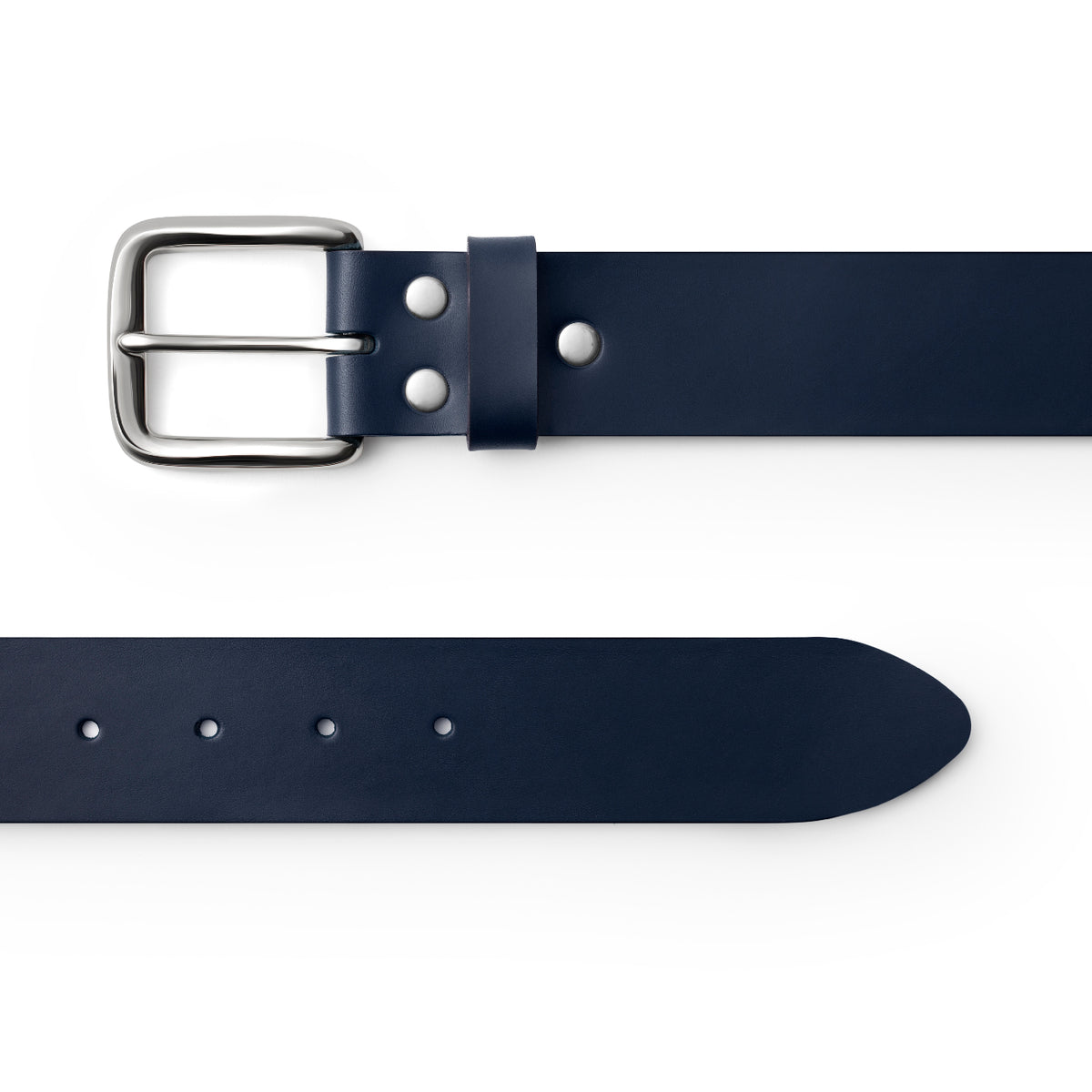 Navy full-grain leather belt, silver buckle, top-down view — CarveOn, made in Ireland#Color_Navy