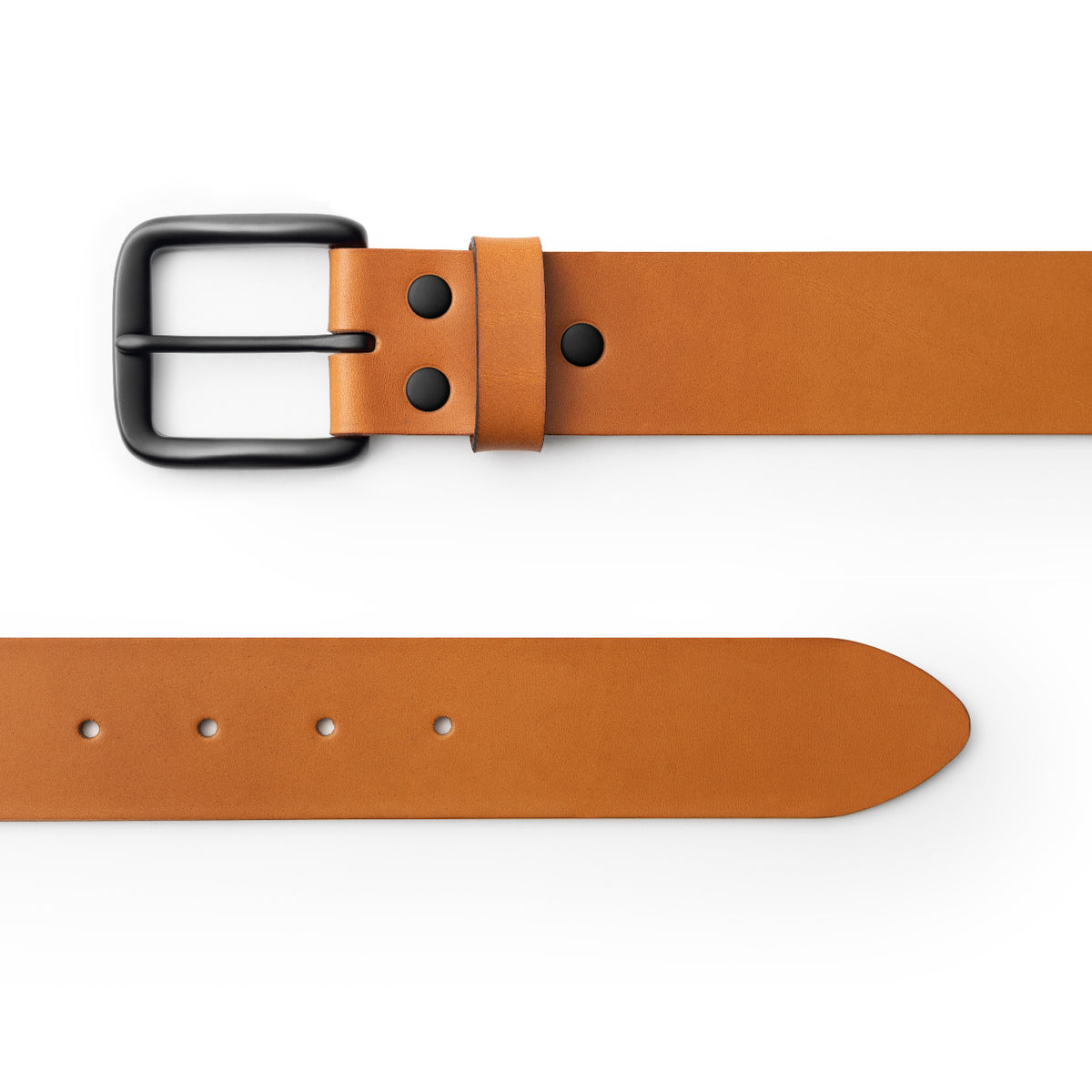Tan full-grain leather belt, black buckle, top-down view — CarveOn, made in Ireland#Color_Tan