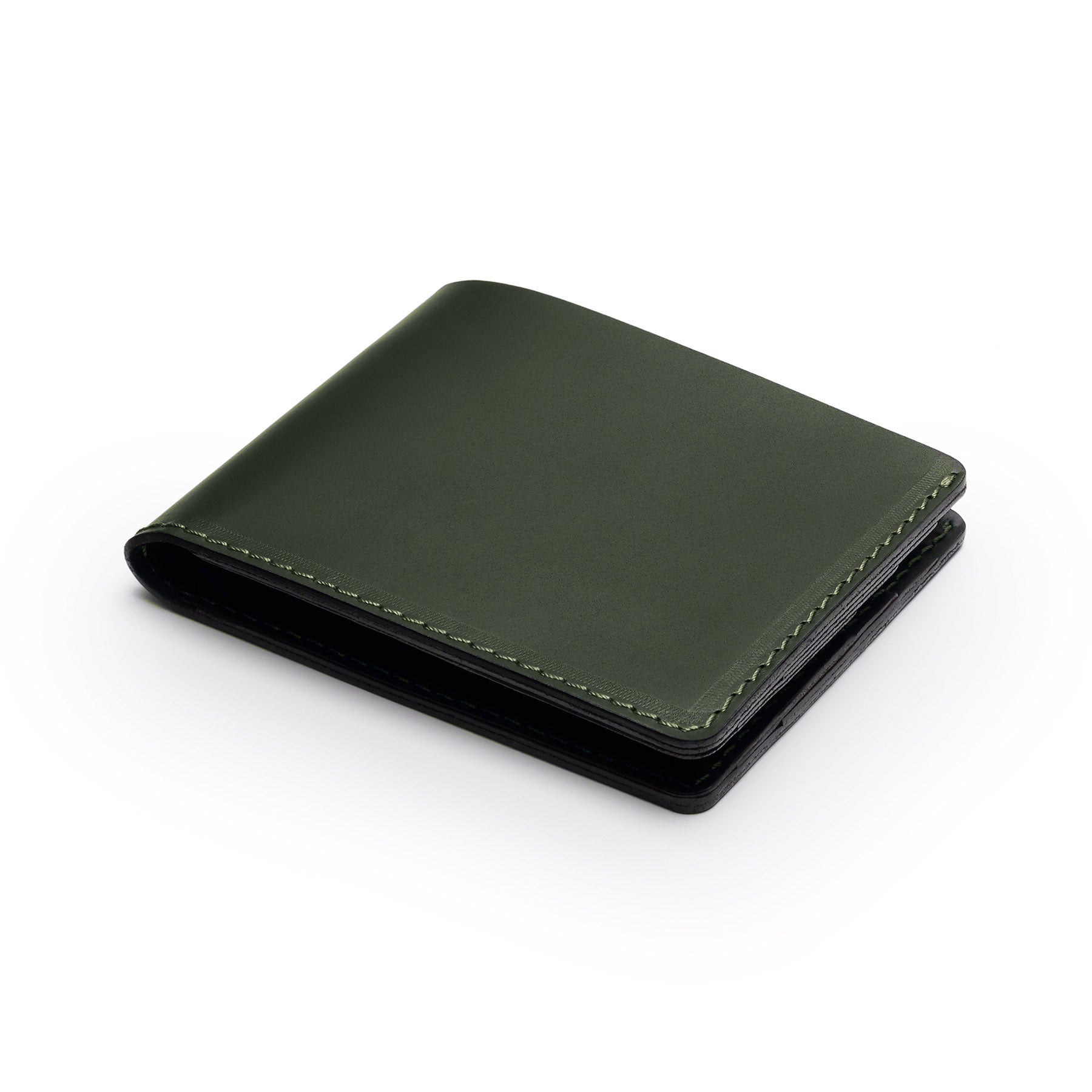 Green full-grain leather traditional wallet, flat lay, angled view — personalised — CarveOn, made in Ireland#Color_Green