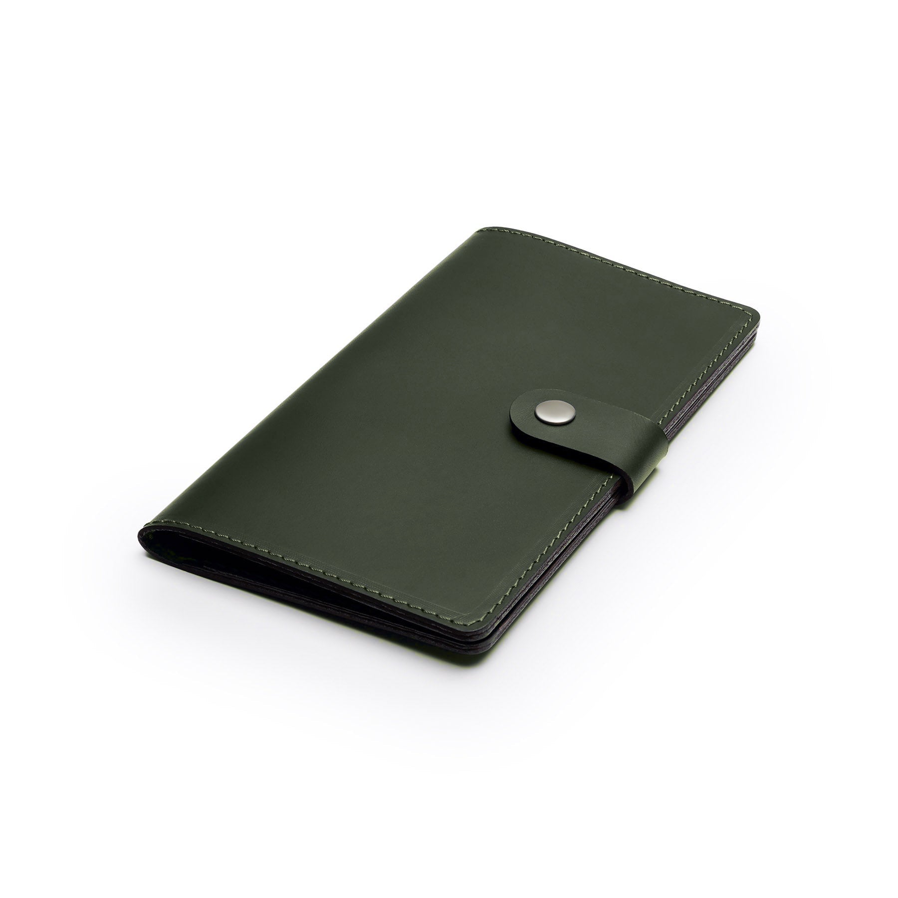 Green full-grain leather travel wallet, flat lay, angled view — personalised — CarveOn, made in Ireland#Color_Green