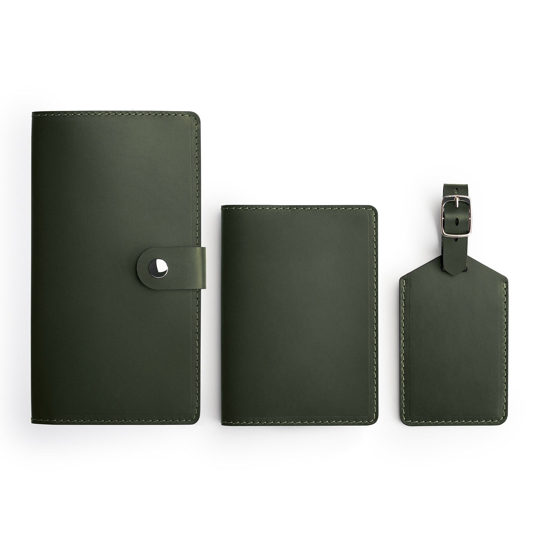 Green leather travel gift set, flat lay — personalised — CarveOn, made in Ireland#Color_Green