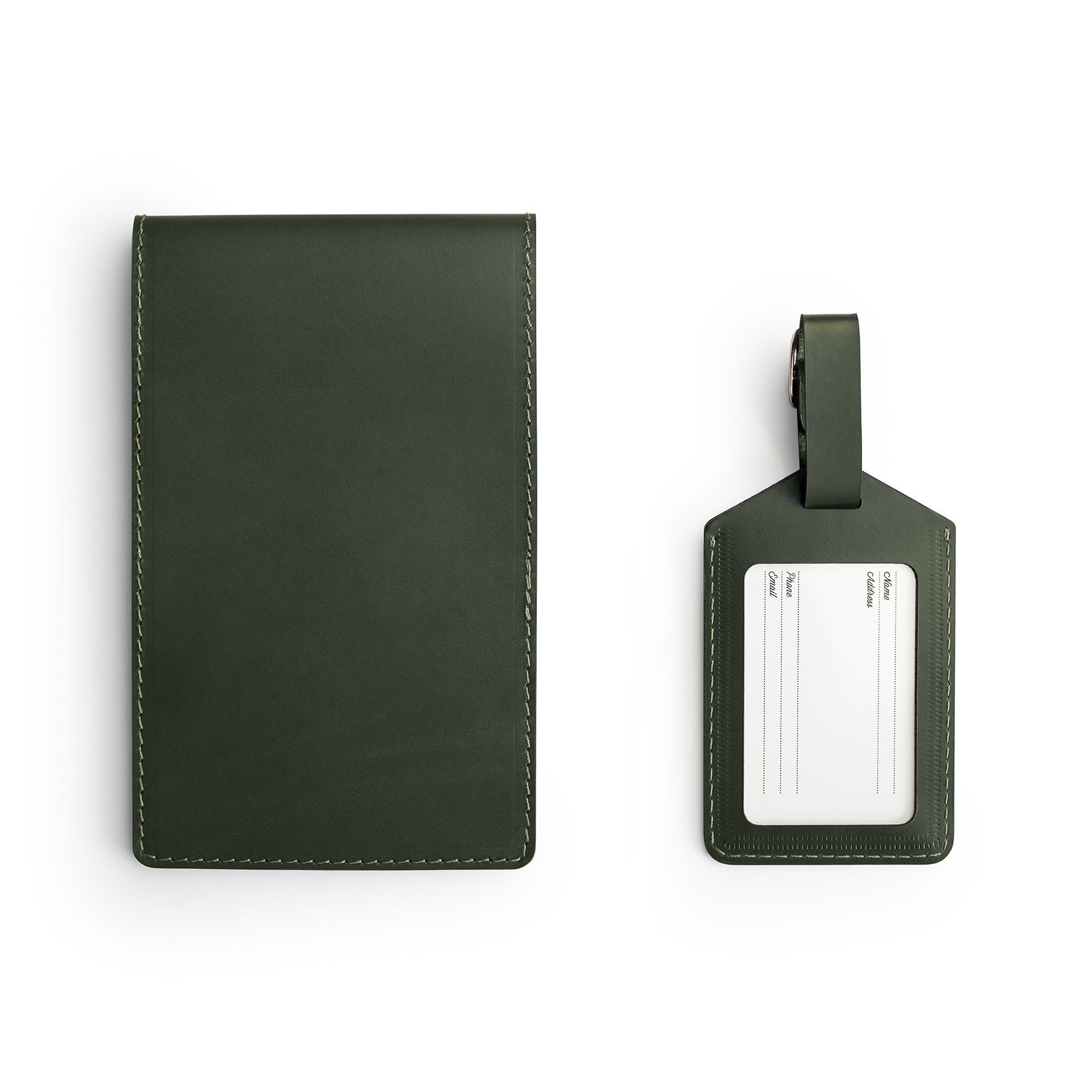 Green leather golf gift set, flat lay — personalised golf gift — CarveOn, handmade in Ireland#Color_Green
