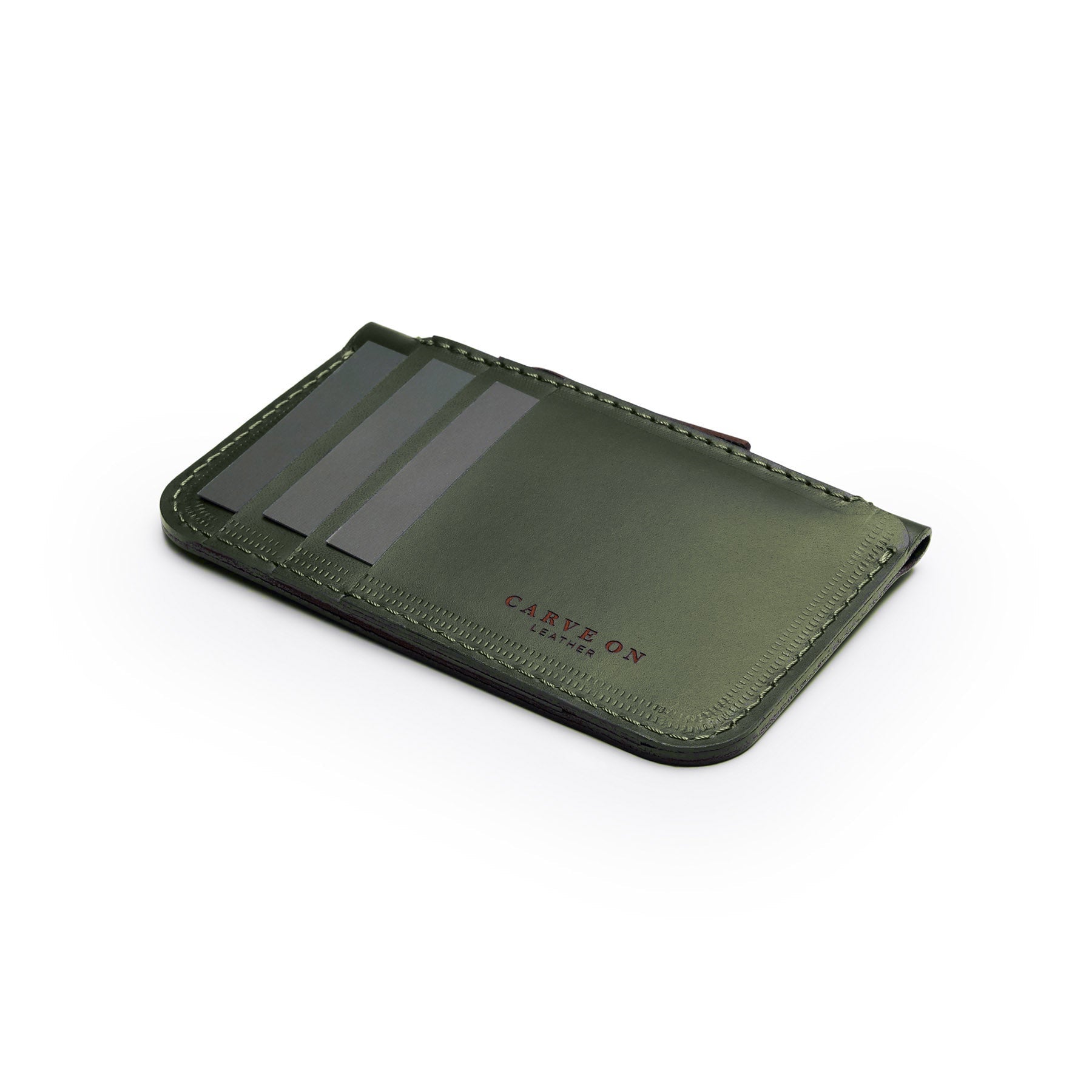 Green full-grain leather zip card wallet, flat lay, angled view — personalised — CarveOn, made in Ireland#Color_Green