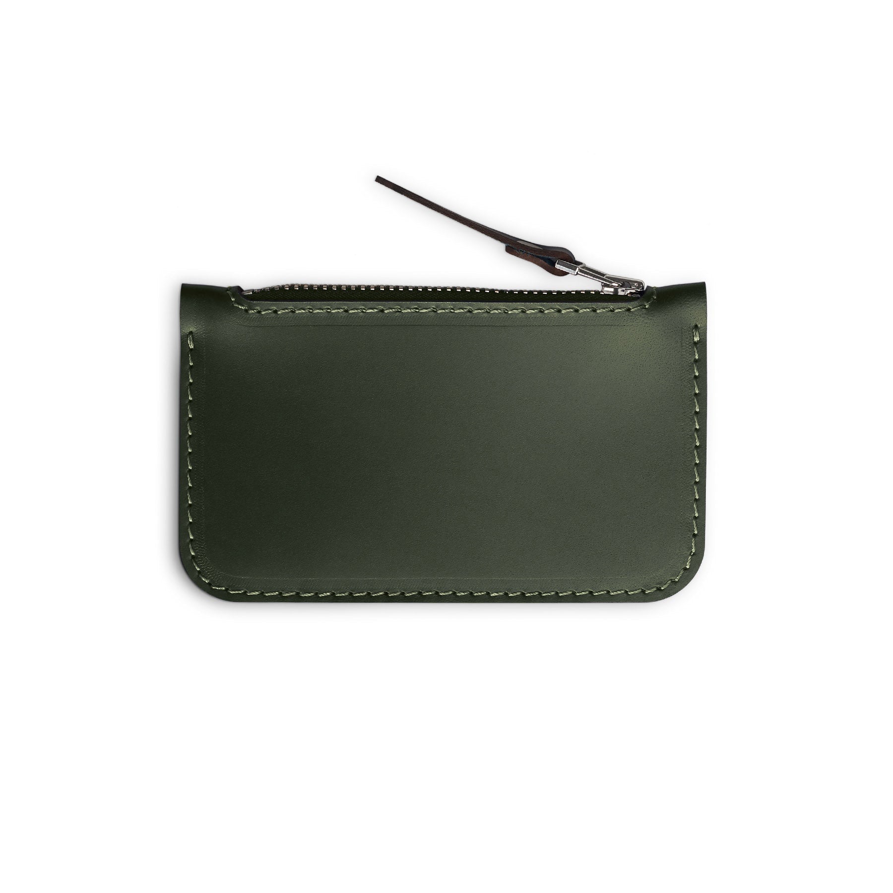 Green full-grain leather zip card wallet, flat lay — personalised — CarveOn, made in Ireland#Color_Green