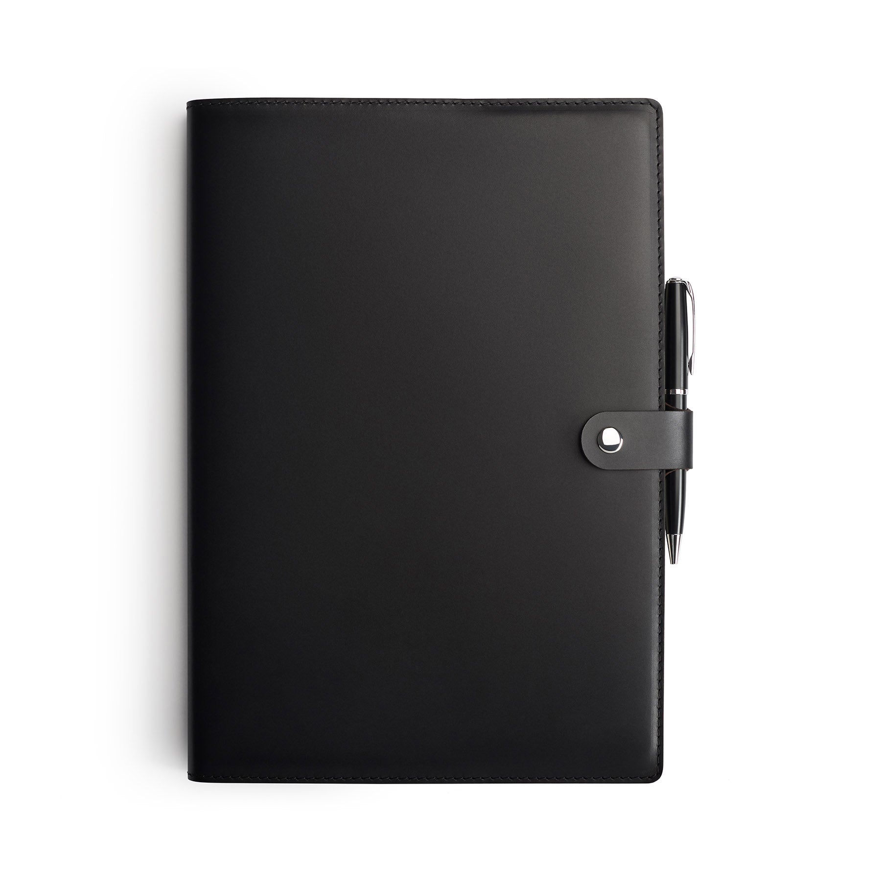 Black full-grain leather A4 notebook and pen set, flat lay — personalised with debossed initials — CarveOn, made in Ireland#Color_Black