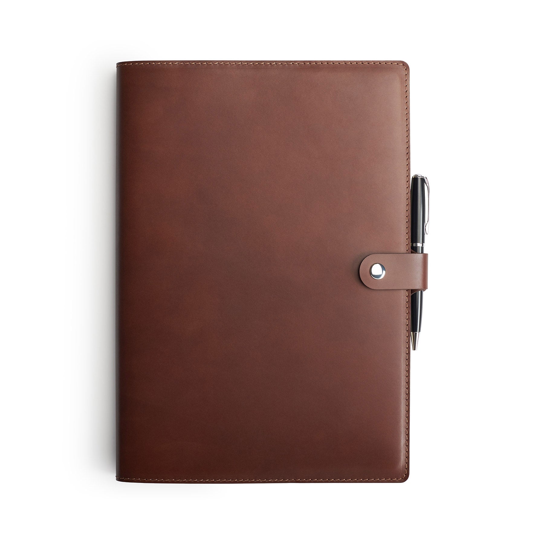 Dark Brown full-grain leather A4 notebook and pen set, flat lay — personalised with debossed initials — CarveOn, made in I...#Color_Dark Brown