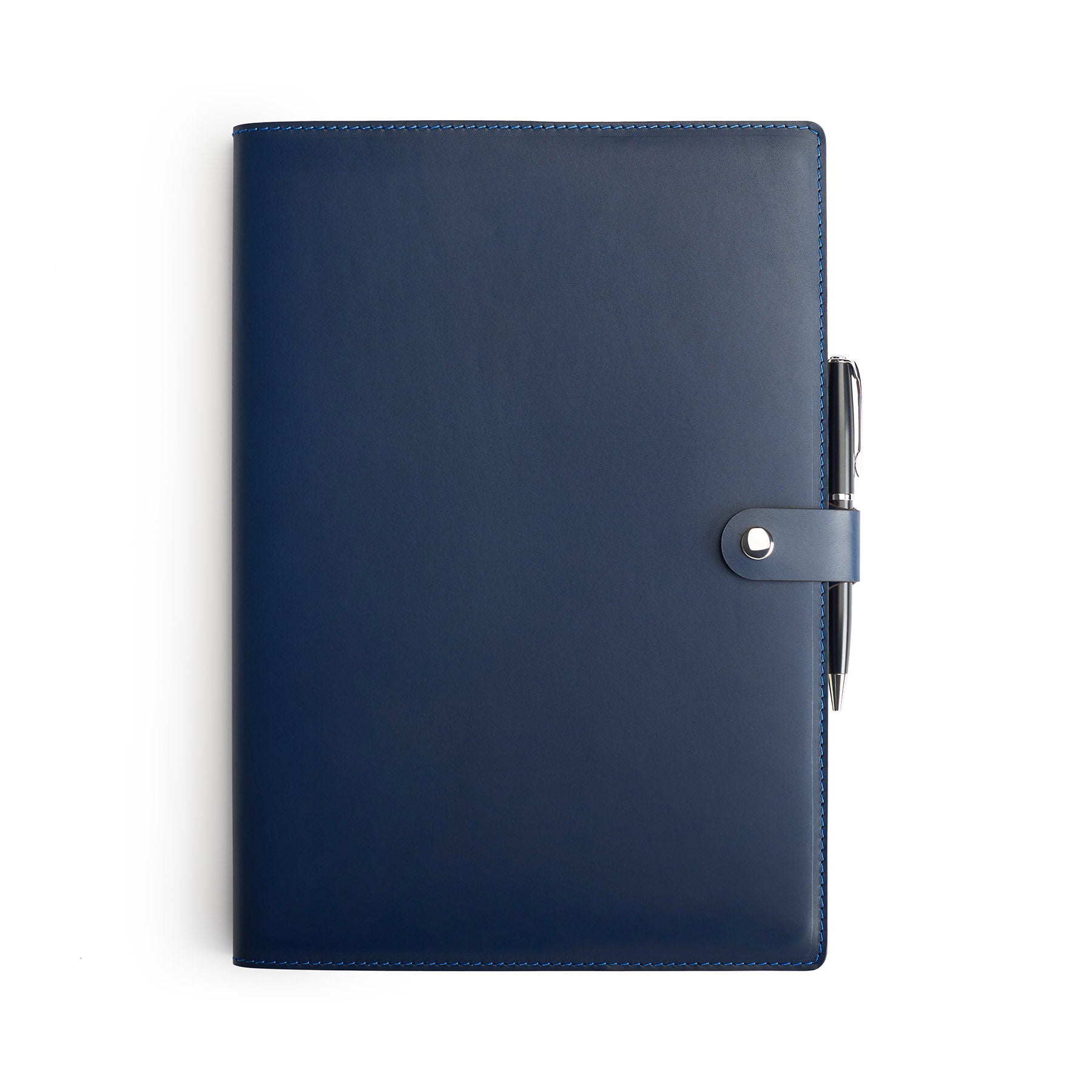 Navy full-grain leather A4 notebook and pen set, flat lay — personalised with debossed initials — CarveOn, made in Ireland#Color_Navy