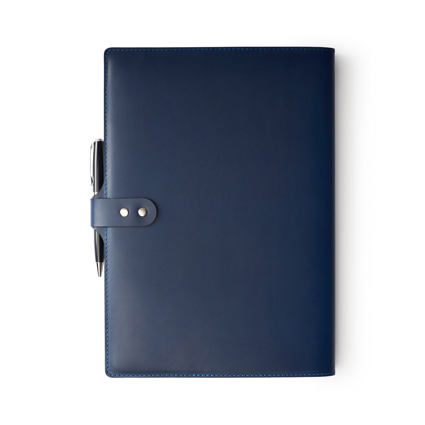 Navy full-grain leather A4 notebook and pen set, flat lay — personalised with debossed initials — CarveOn, made in Ireland#Color_Navy