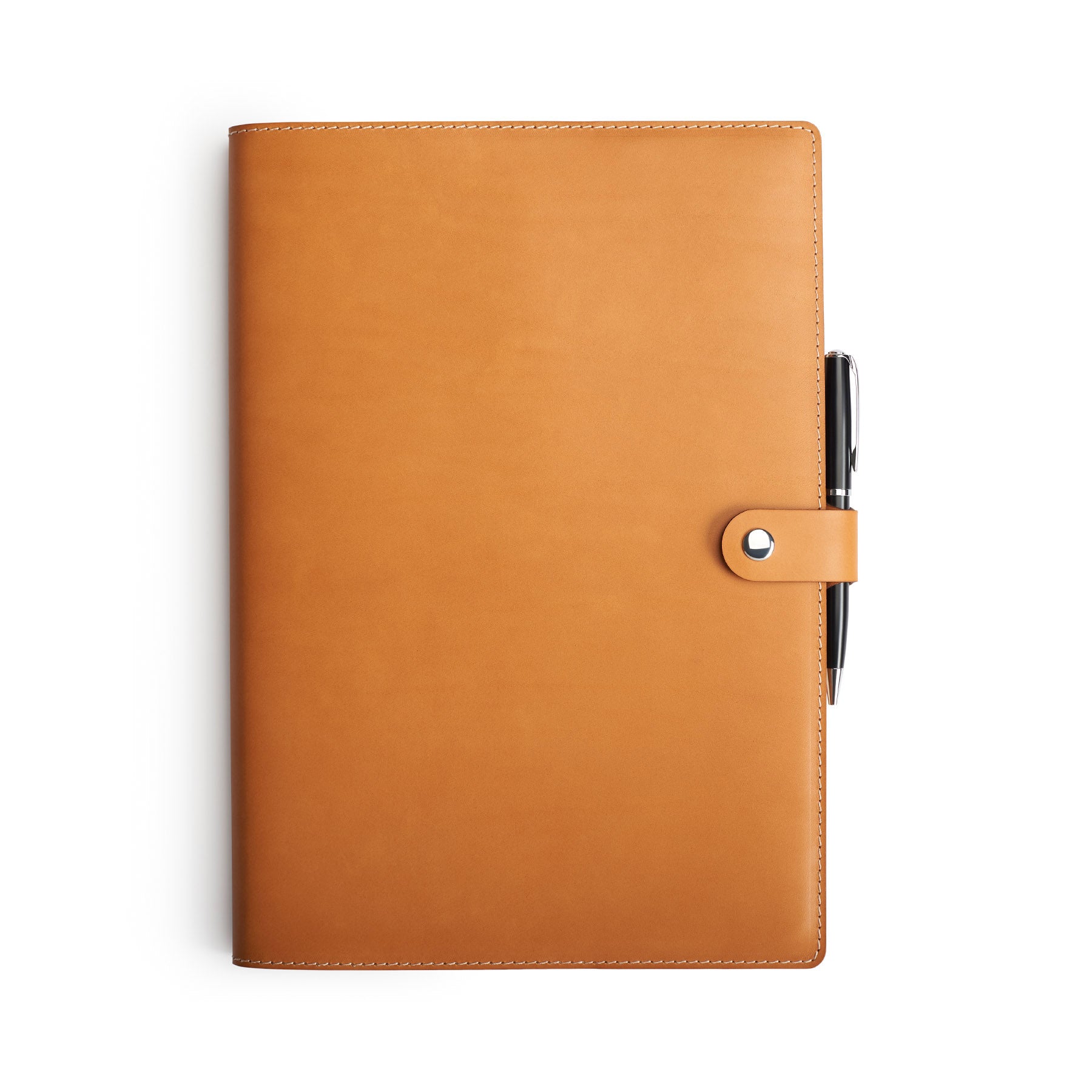 Tan full-grain leather A4 notebook and pen set, flat lay — personalised with debossed initials — CarveOn, made in Ireland#Color_Tan