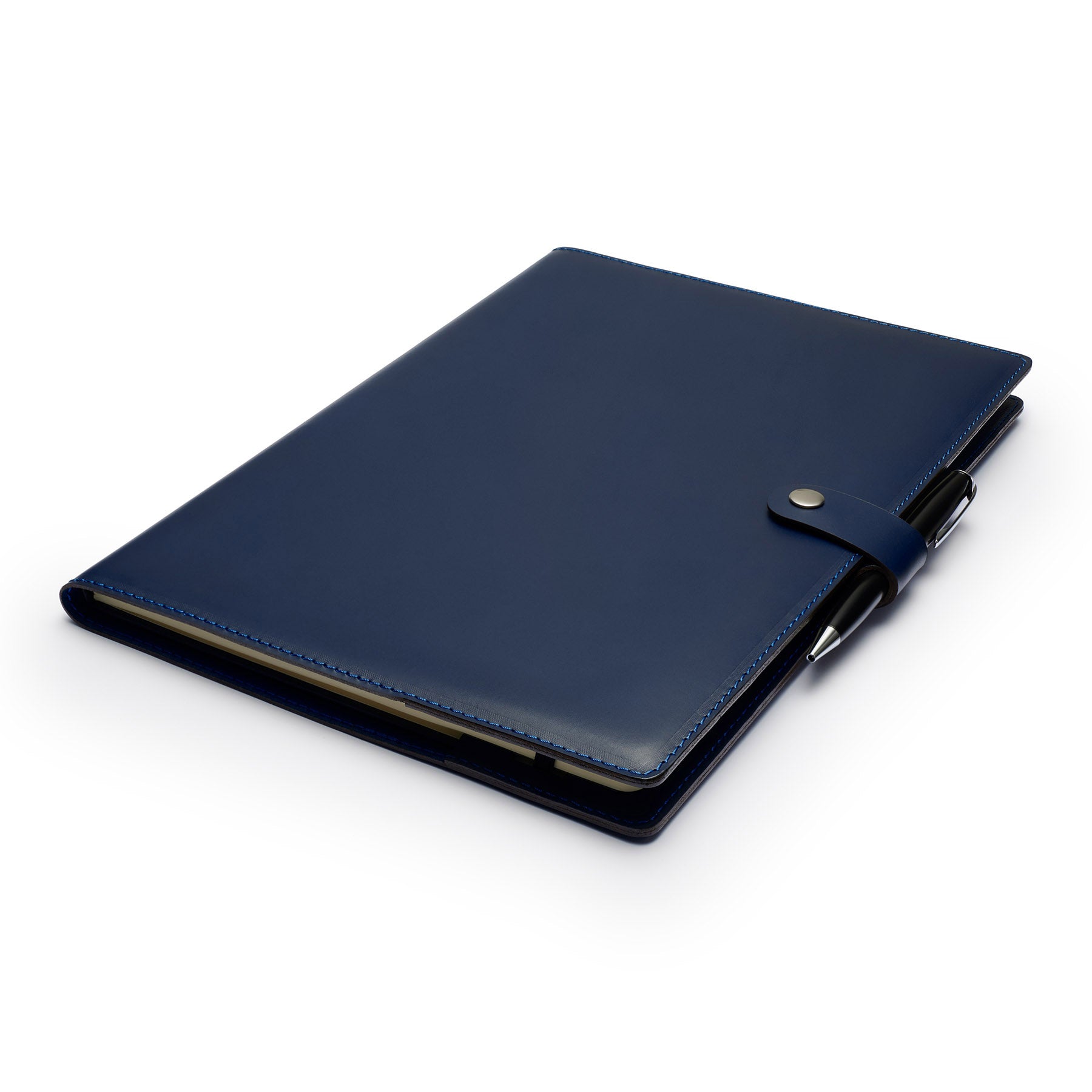 Navy full-grain leather A4 notebook and pen set, flat lay, angled view — personalised with debossed initials — CarveOn, ma...#Color_Navy