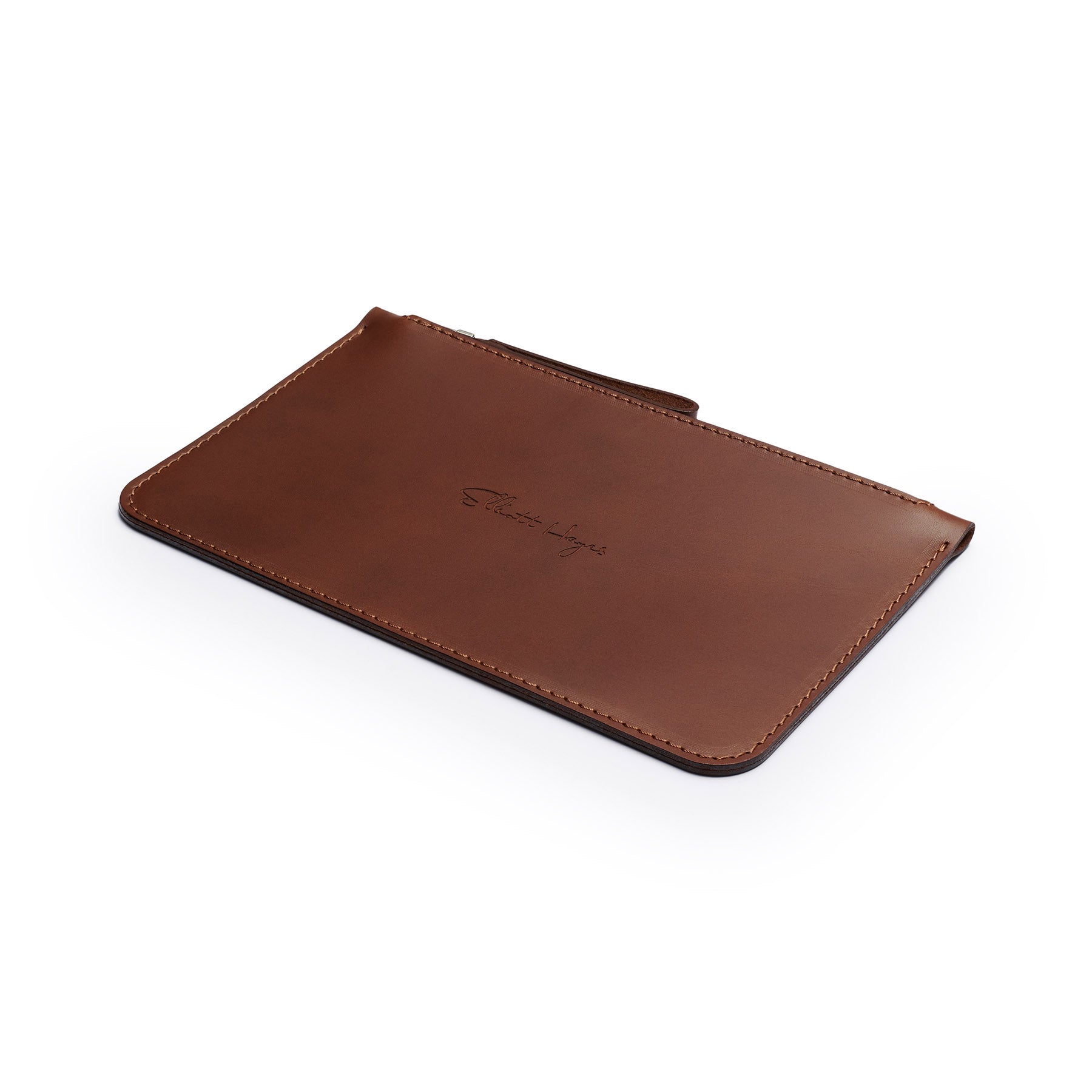 Dark Brown full-grain leather zip pouch, flat lay, angled view — personalised — CarveOn, made in Ireland#Color_Dark Brown