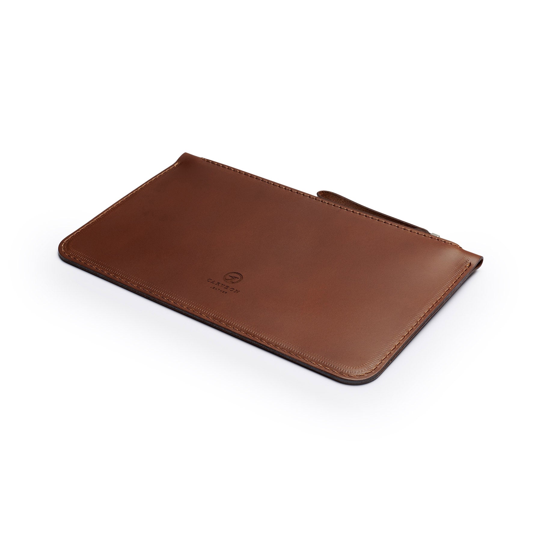 Dark Brown full-grain leather zip pouch, flat lay, angled view — personalised — CarveOn, made in Ireland#Color_Dark Brown