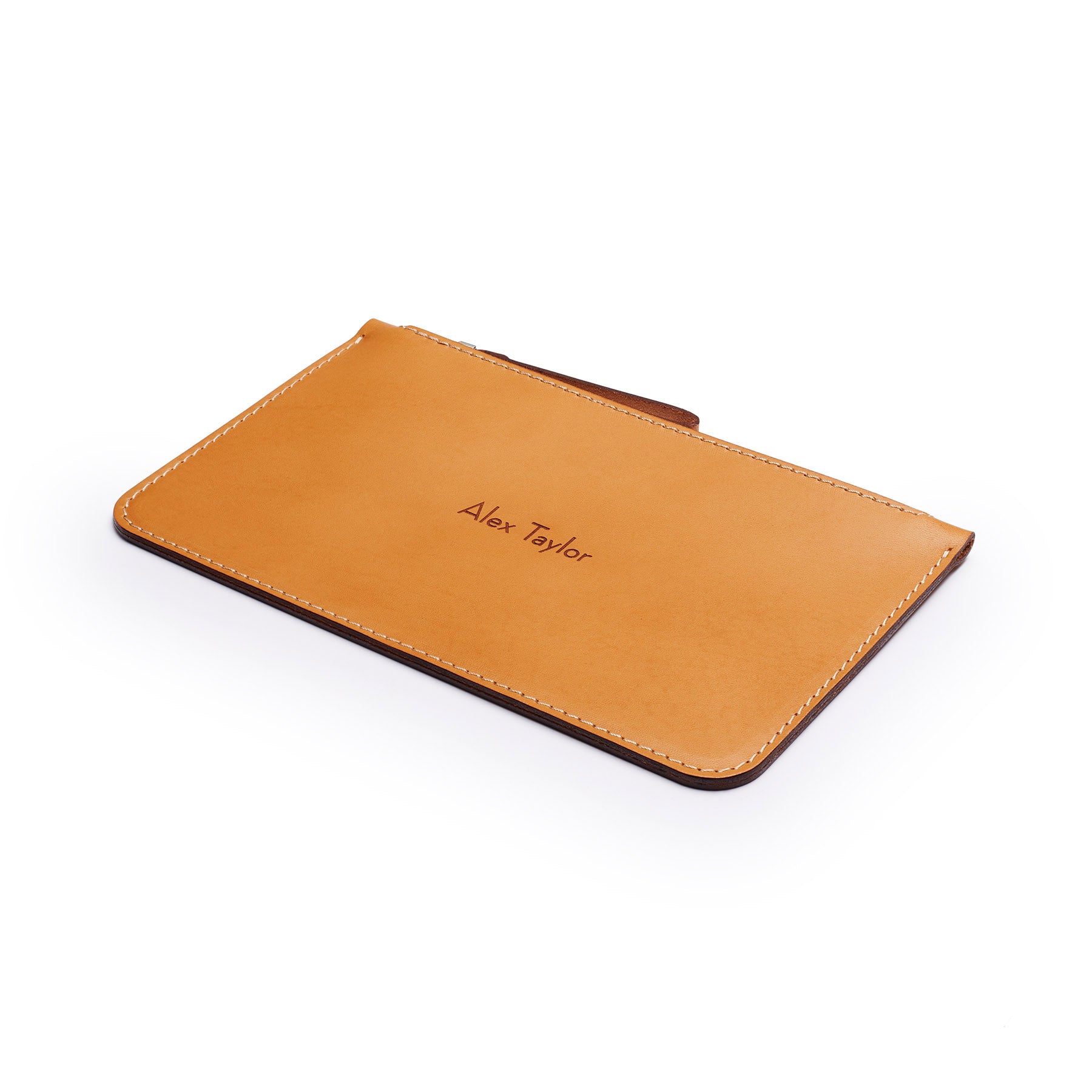 Tan full-grain leather zip pouch, flat lay, angled view — personalised — CarveOn, made in Ireland#Color_Tan