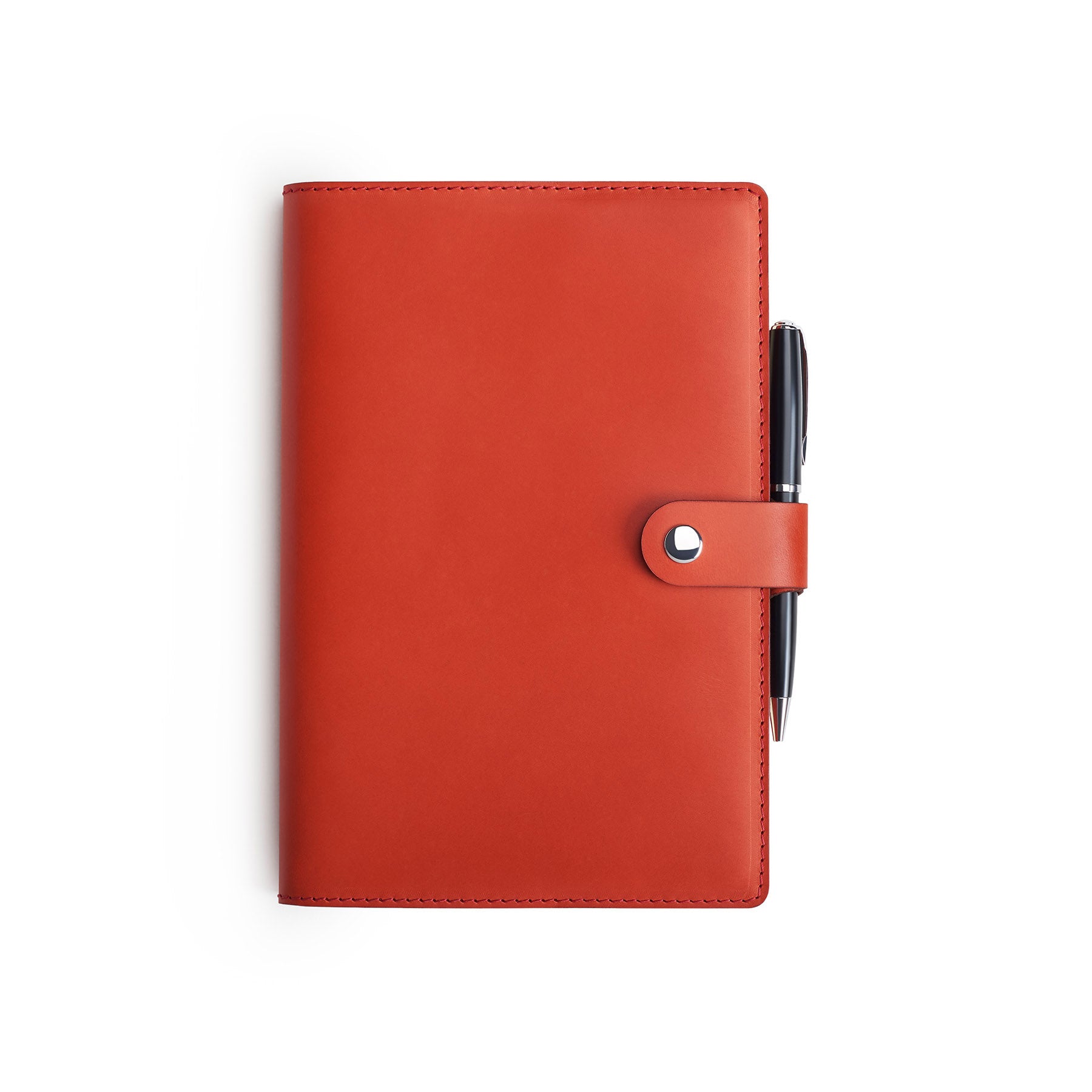 Red full-grain leather A5 notebook and pen set, flat lay — personalised with debossed initials — CarveOn, made in Ireland#Color_Red