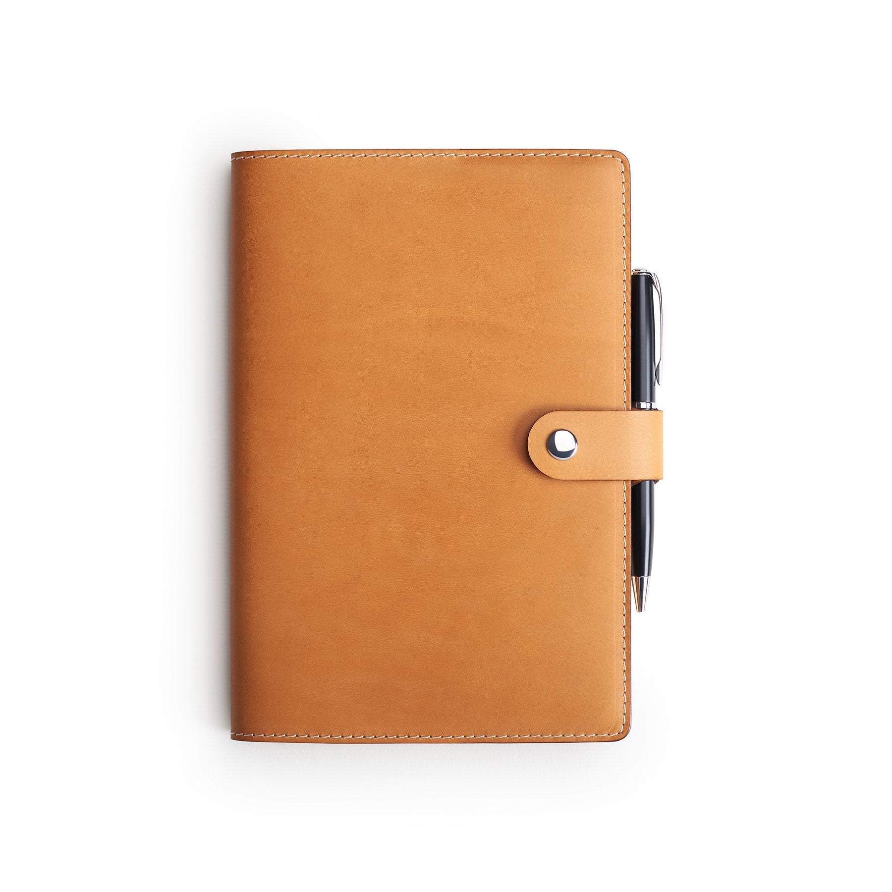 Tan Moleskine notebook with leather cover and pen, flat lay — personalised gift — CarveOn, made in Ireland#Color_Tan