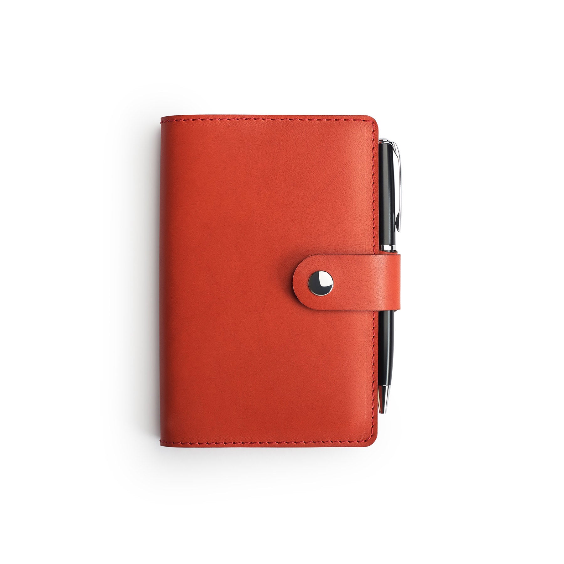 Red full-grain leather A6 notebook and pen set, flat lay — personalised with debossed initials — CarveOn, made in Ireland#Color_Red