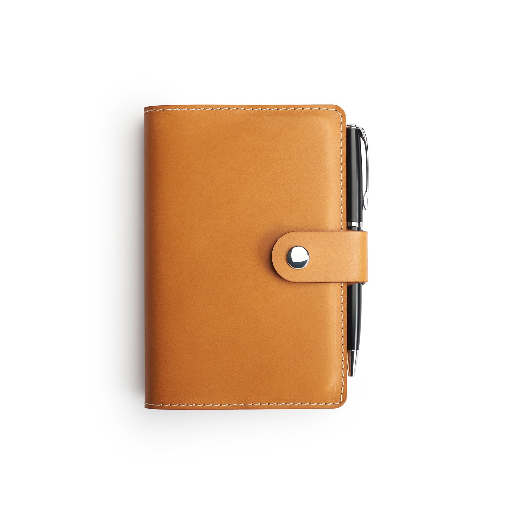 Tan full-grain leather A6 notebook and pen set, flat lay — personalised with debossed initials — CarveOn, made in Ireland#Color_Tan